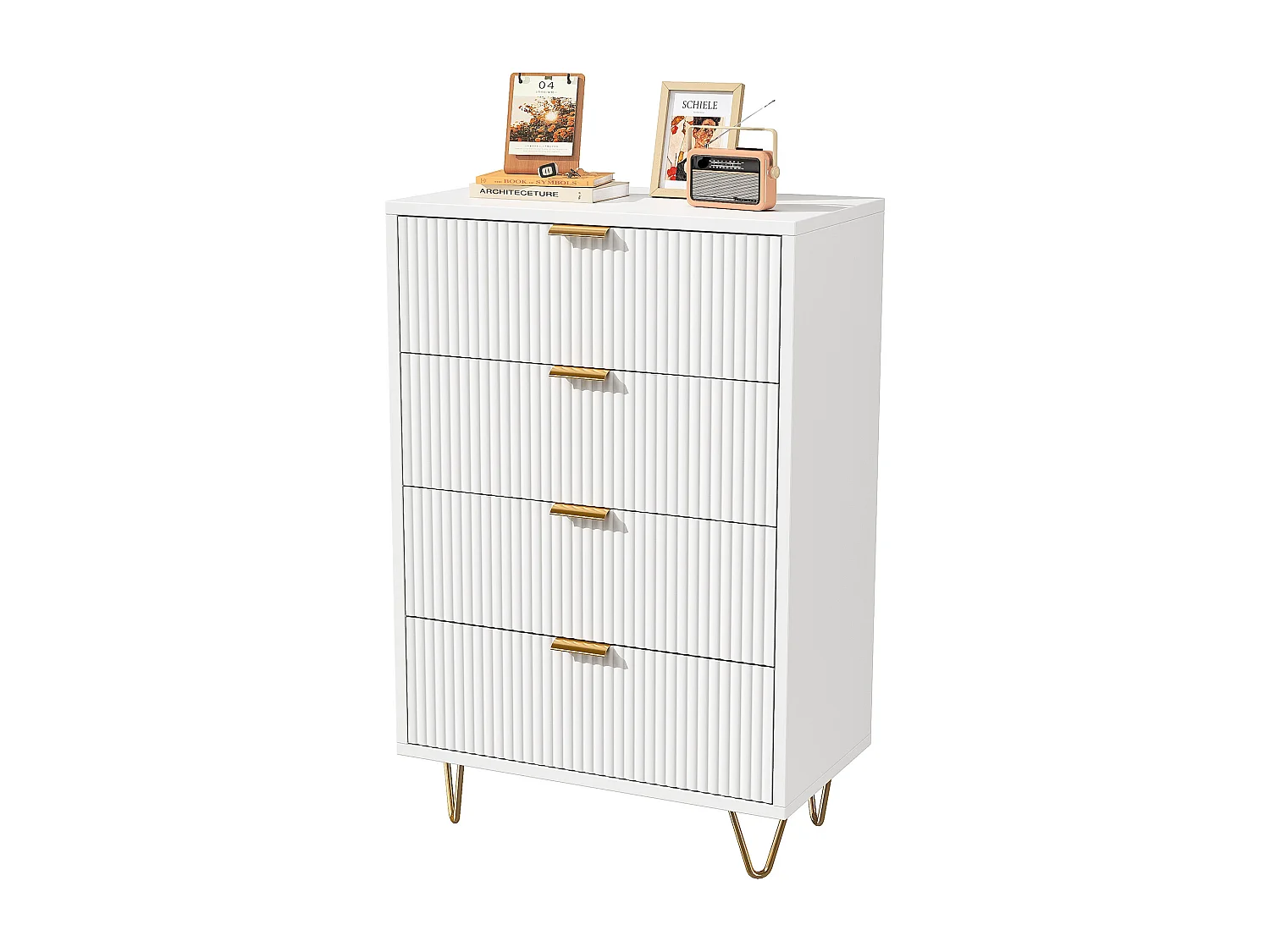 Commode moderne avec 4 tiroirs avec pieds et poignées dorées , entrée , 91 x 34 x 60 cm , blanc