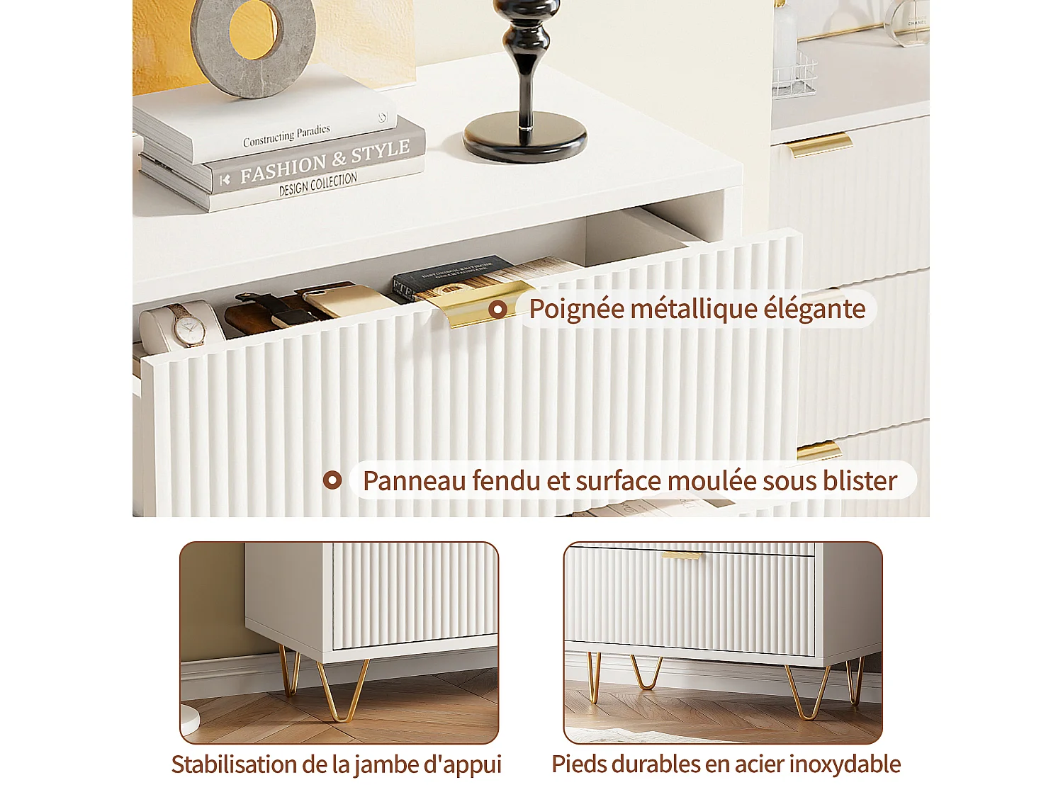 Commode moderne avec 4 tiroirs avec pieds et poignées dorées , entrée , 91 x 34 x 60 cm , blanc