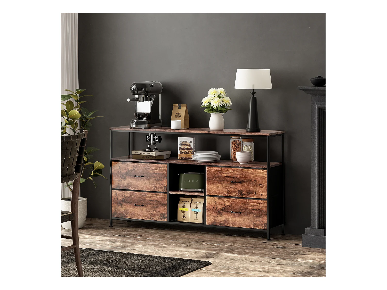 Mueble TV LED bajo 137 x 30 x 77 cm, estructura de metal macizo y madera, mueble TV, mesa TV, madera