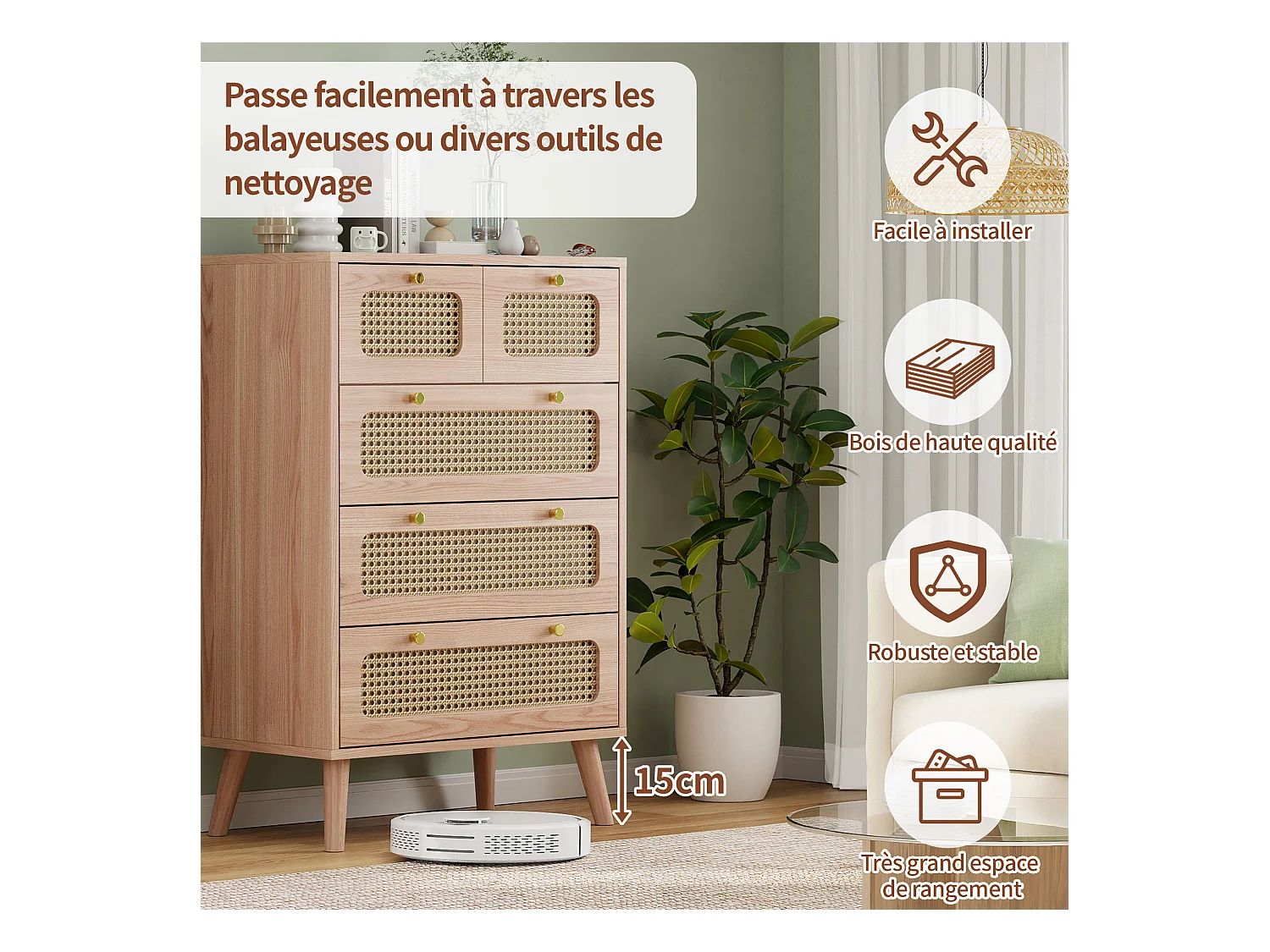 Cômoda com 5 gavetas 60*34*91 cm, com puxadores de metal, móveis de jantar de vime, madeira, cor de madeira natural