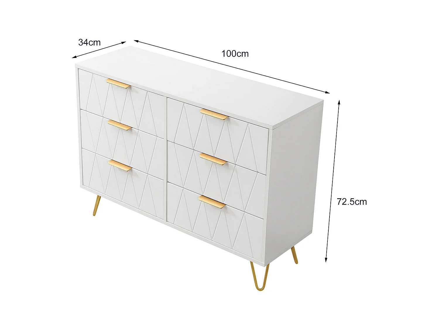 Commode à 6 Tiroirs, 60 x 34 x 90 cm Commode Chambre, Poignées et Pieds en Mmétal, blanc