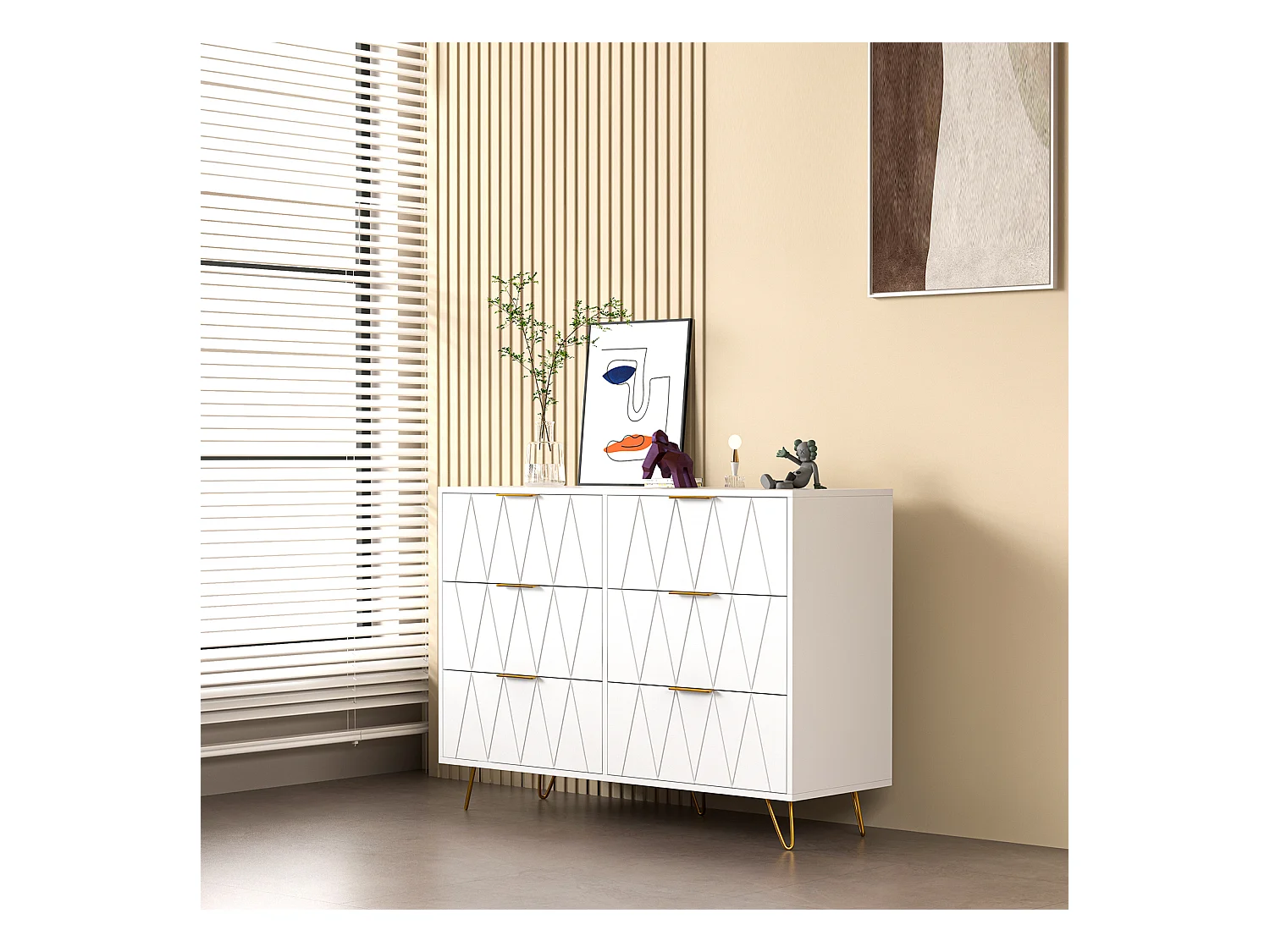 Commode à 6 Tiroirs, 60 x 34 x 90 cm Commode Chambre, Poignées et Pieds en Mmétal, blanc