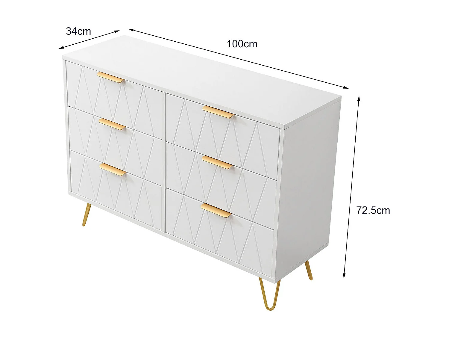 Commode Blanc 6 Tiroirs, avec avec Support métallique pour Salon, Chambre d'enfant et Chambre,100 x 34 x 72cm