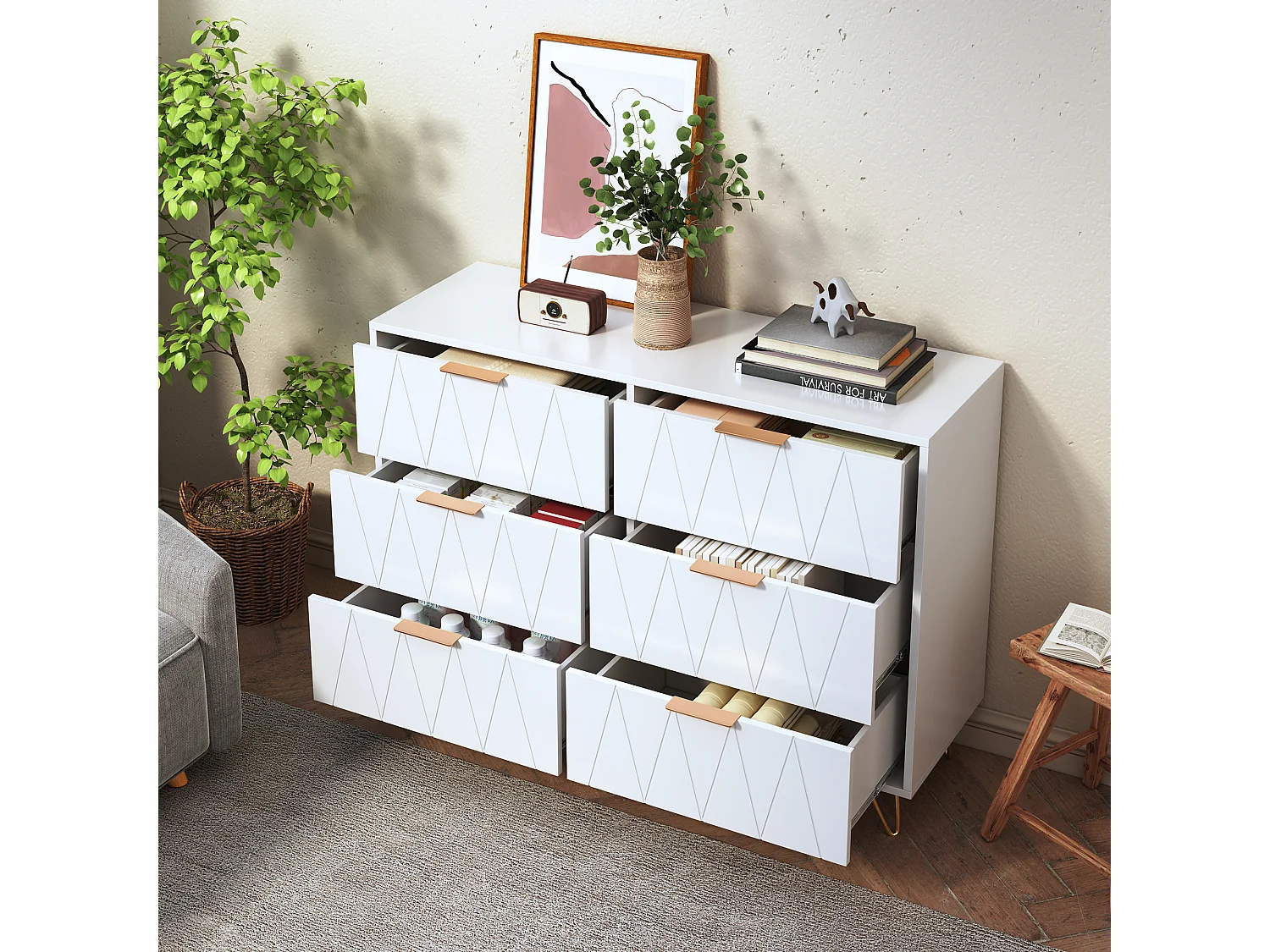 Commode Blanc 6 Tiroirs, avec avec Support métallique pour Salon, Chambre d'enfant et Chambre,100 x 34 x 72cm