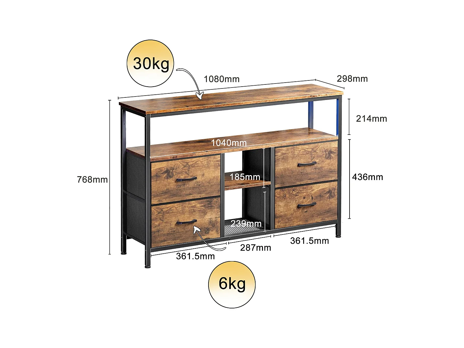 Mueble TV LED bajo 108 x 30 x 77 cm, estructura de metal macizo y madera, mueble TV, mesa TV, madera