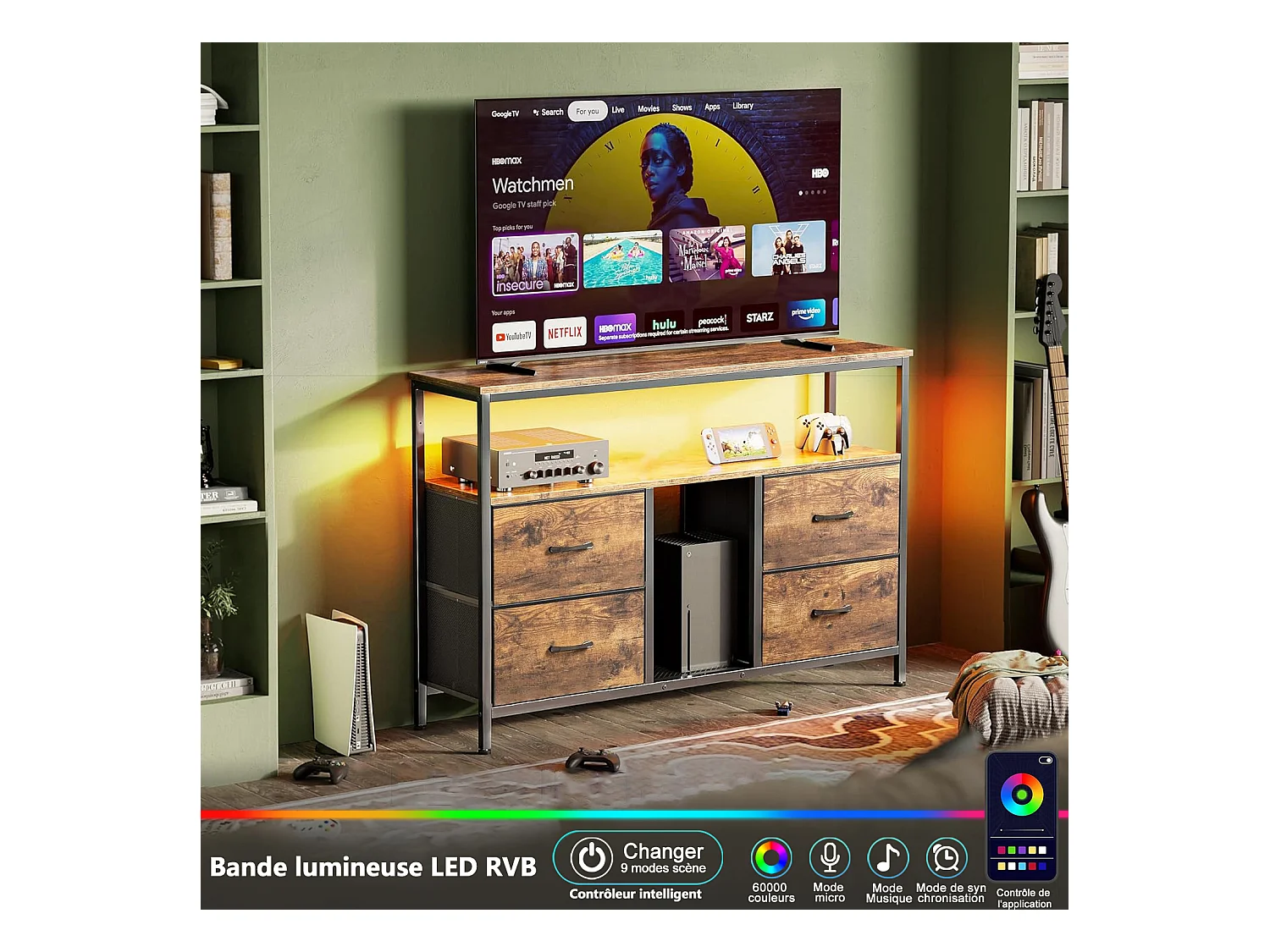 Mueble TV LED bajo 108 x 30 x 77 cm, estructura de metal macizo y madera, mueble TV, mesa TV, madera