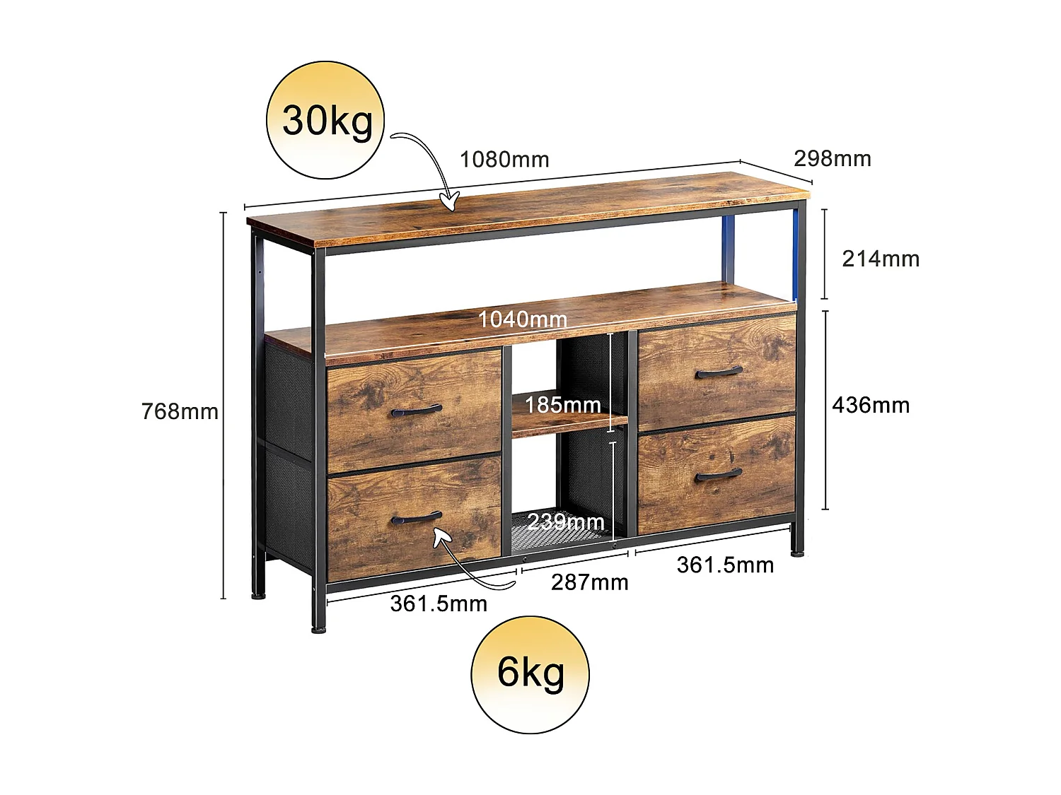Meuble TV bas LED 108 x 30 x 77 cm, cadre en métal massif et bois, meuble TV, table TV,  bois