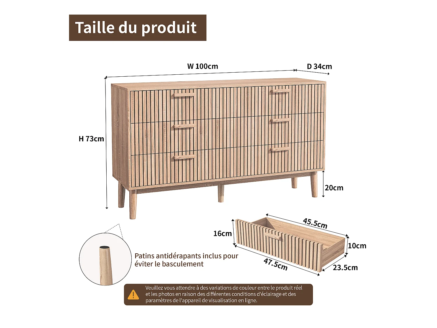 Commode cannelée à 6 tiroirs, Commode Moderne avec Rangement pour Couloir, 100 x 34 x 73 cm, bois