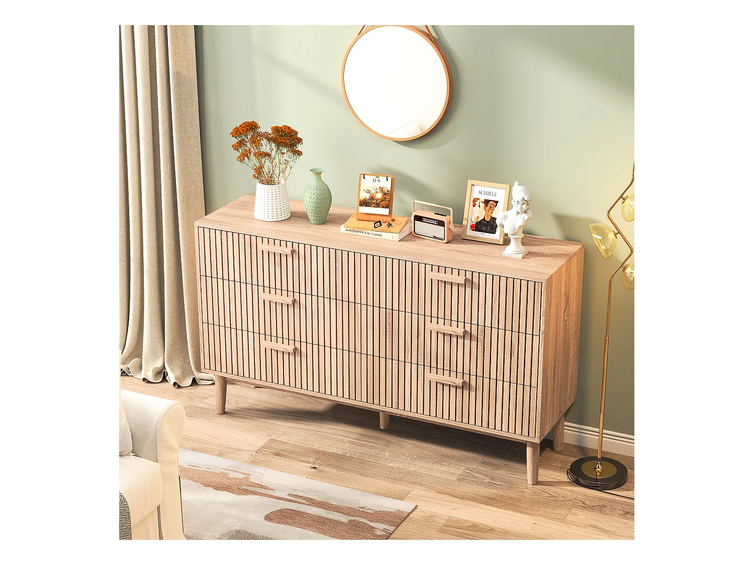 Commode cannelée à 6 tiroirs, Commode Moderne avec Rangement pour Couloir, 100 x 34 x 73 cm, bois