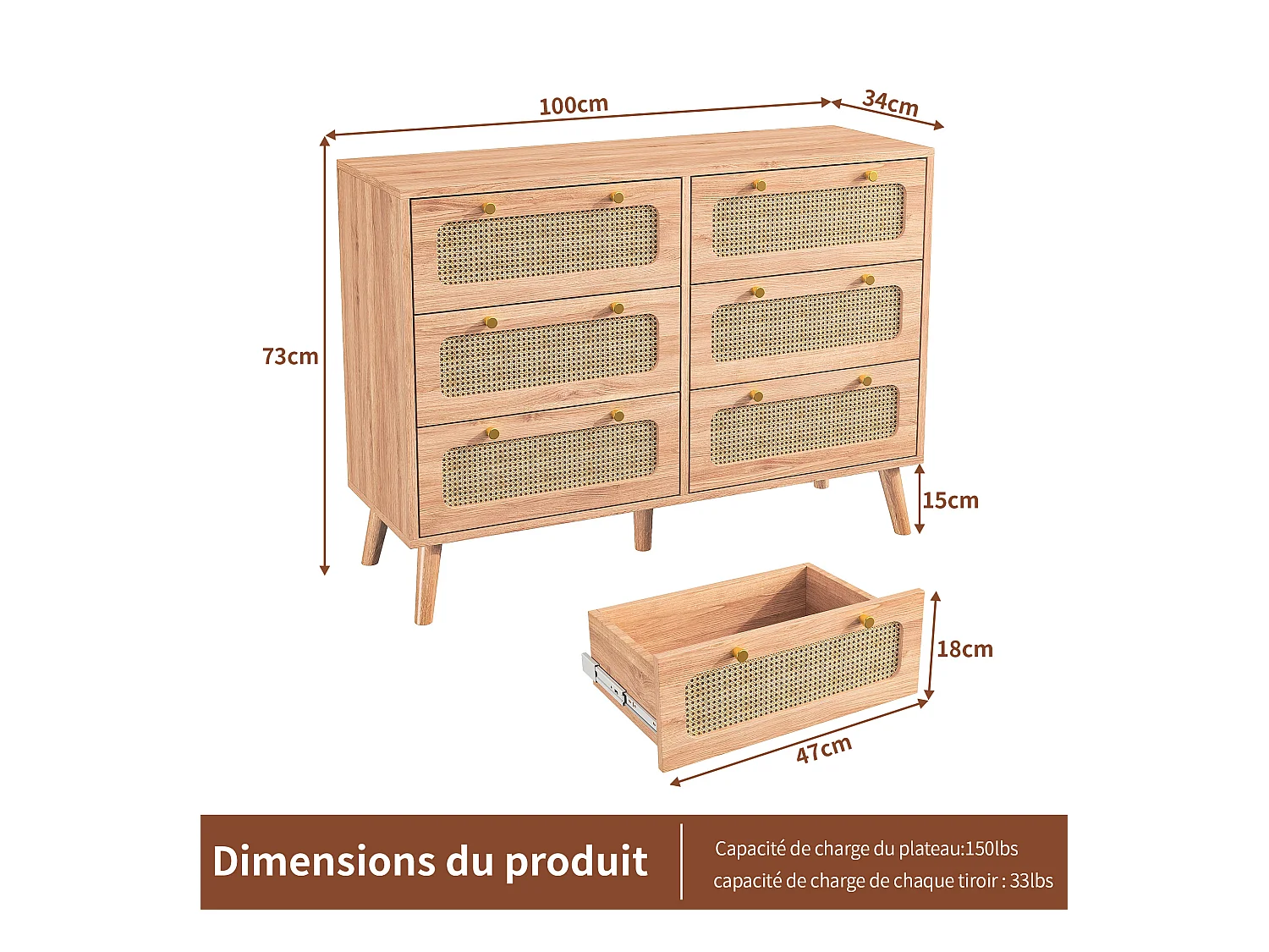 Cômoda com 6 gavetas 100*34*73cm, com puxadores de metal, móveis de jantar de vime, madeira, cor de madeira natural