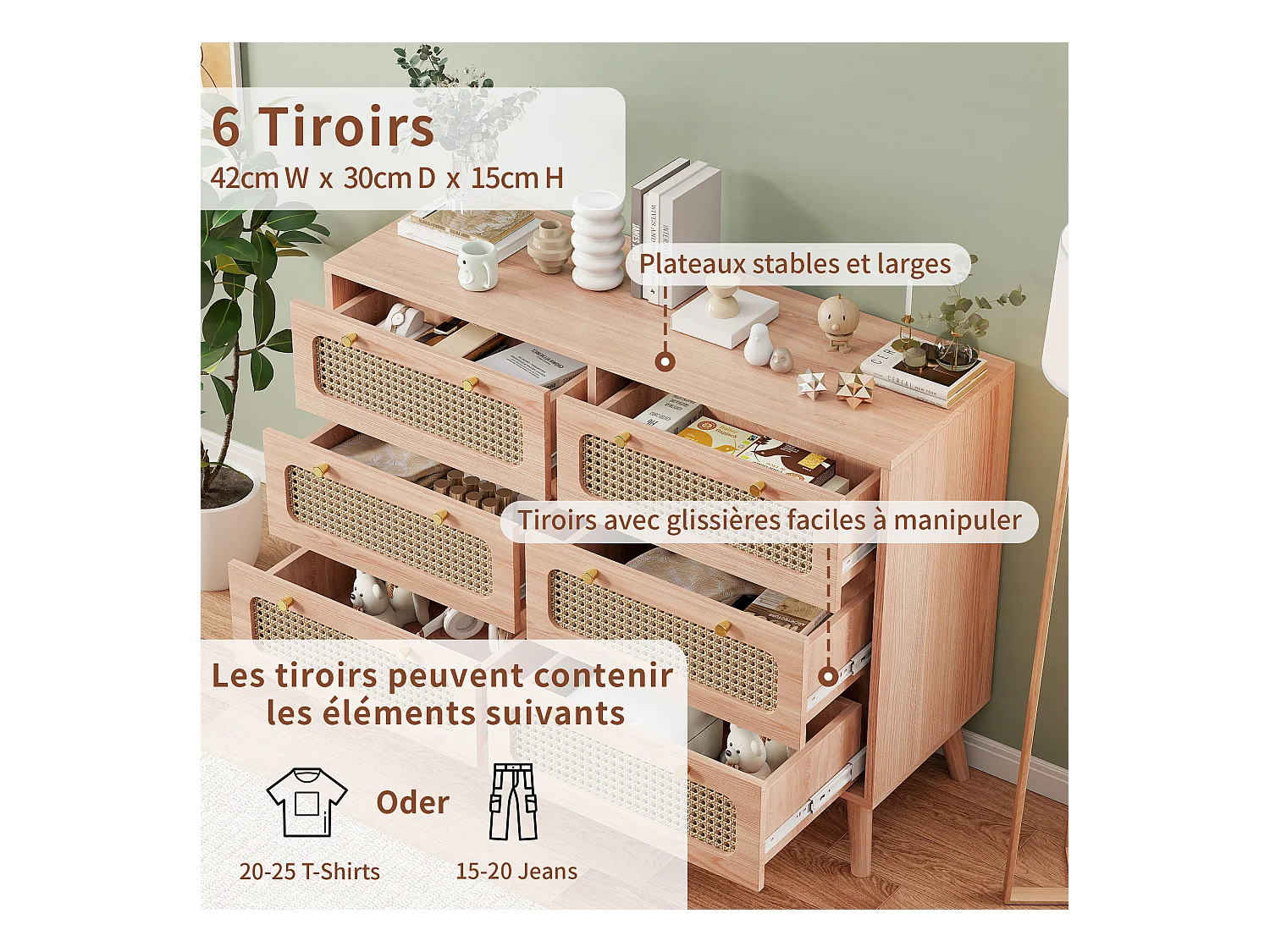 Cômoda com 6 gavetas 100*34*73cm, com puxadores de metal, móveis de jantar de vime, madeira, cor de madeira natural