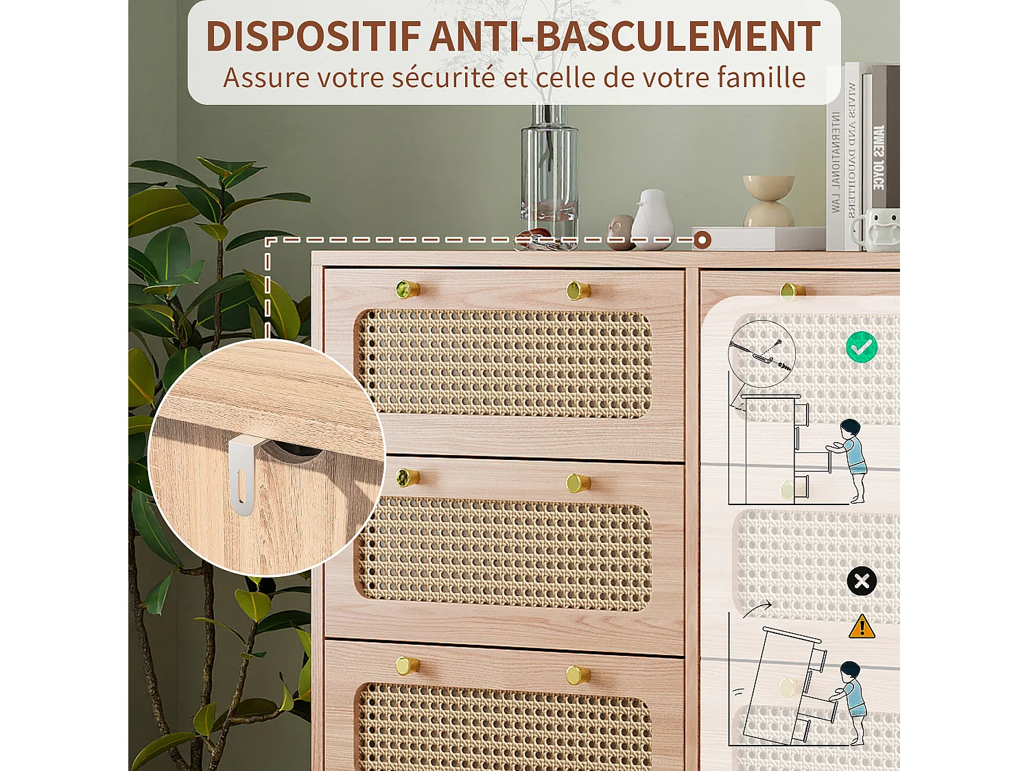 Commode à 6 tiroirs, en rotin naturel, style bohème, pour chambre à coucher, salon, Couleur bois