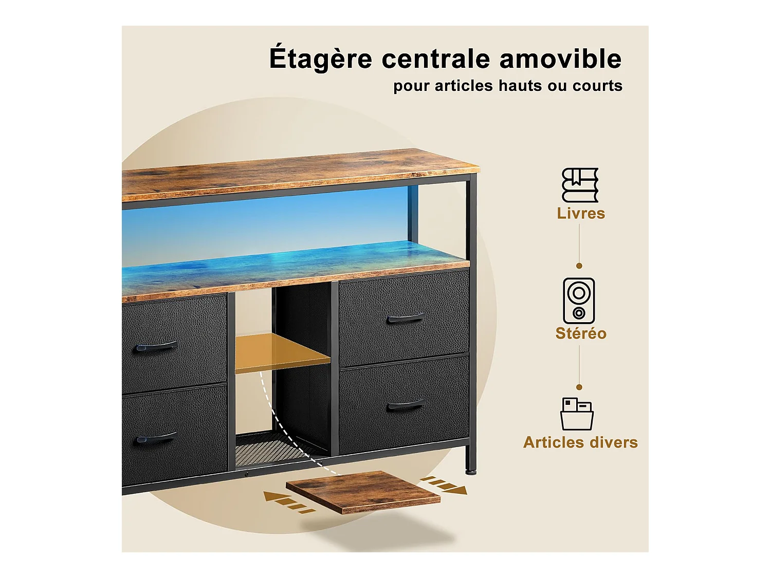 Mueble de TV LED 108 x 30 x 77 cm, estructura de metal macizo y madera, soporte de TV, mesa de TV, color negro