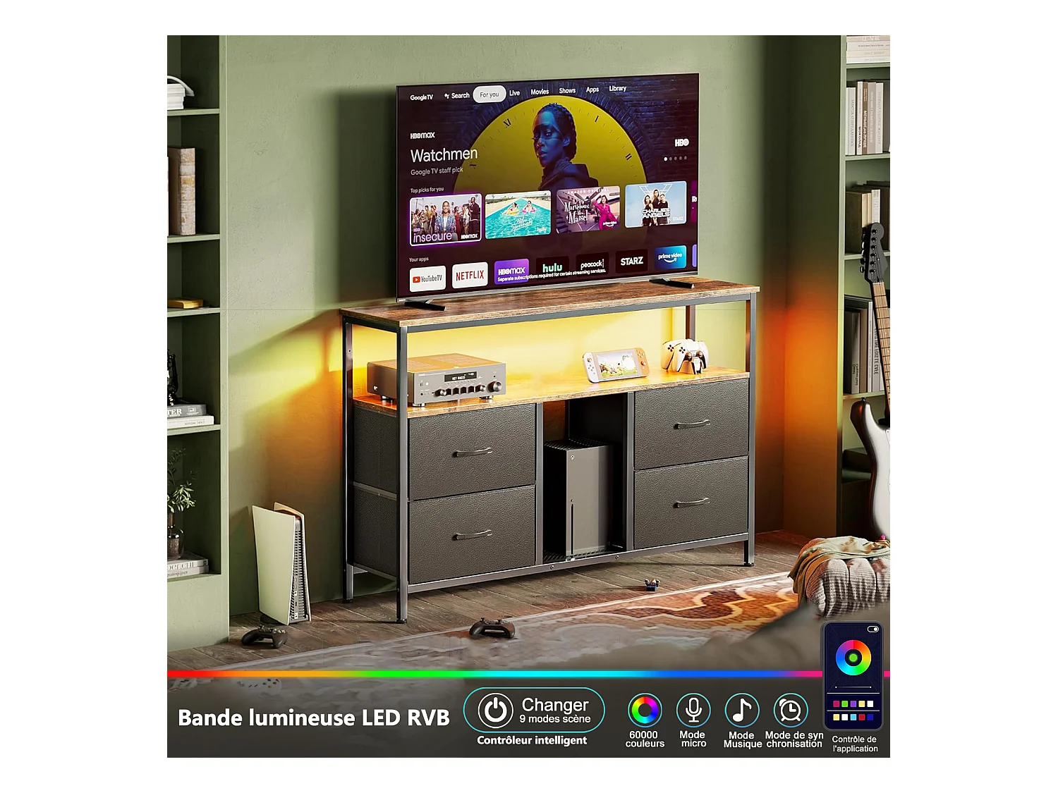 Mueble de TV LED 108 x 30 x 77 cm, estructura de metal macizo y madera, soporte de TV, mesa de TV, color negro