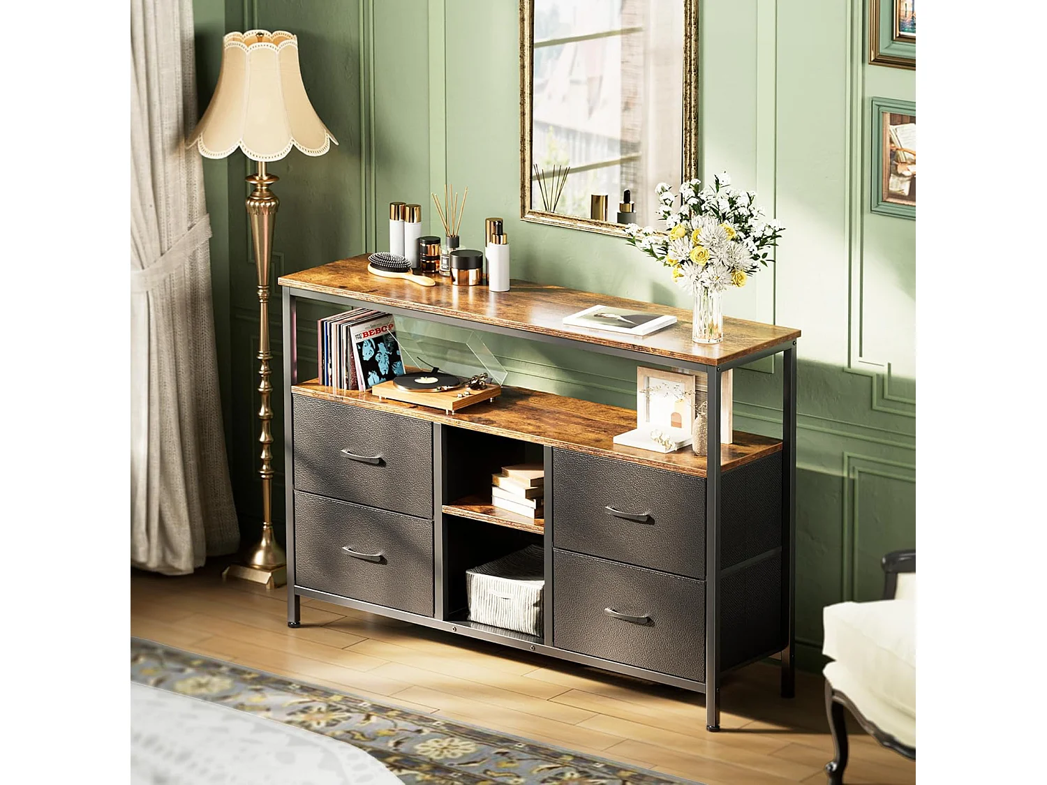 Mueble de TV LED 108 x 30 x 77 cm, estructura de metal macizo y madera, soporte de TV, mesa de TV, color negro