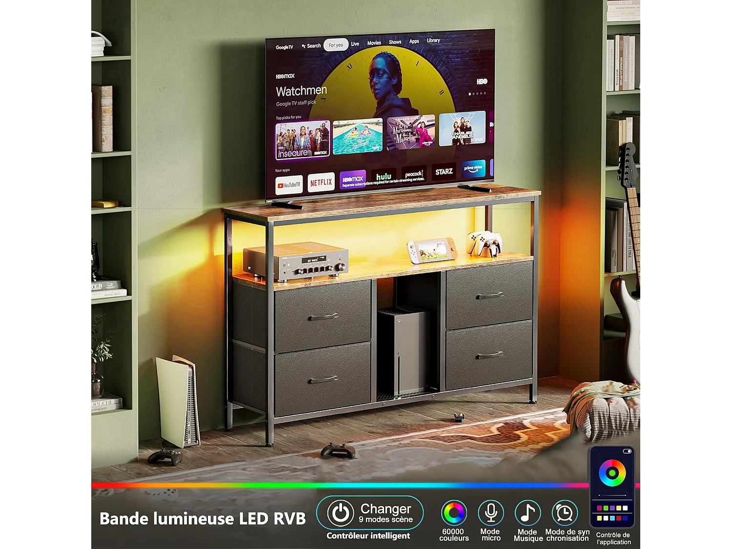 Suporte para TV LED baixo, 108 x 30 x 77 cm, estrutura sólida em metal e madeira, móvel para TV, mesa para TV, preto