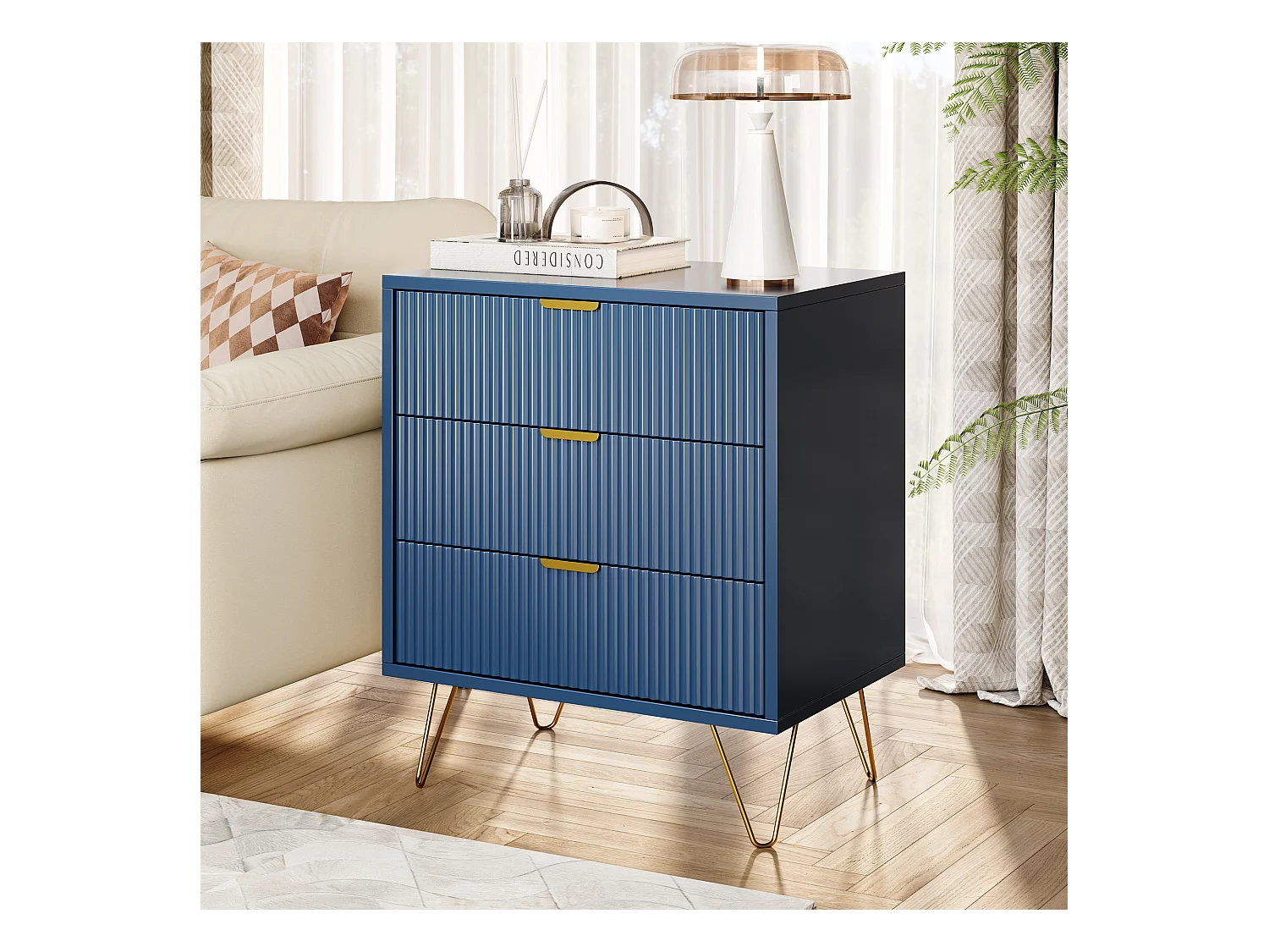 Commode à 3 tiroirs, Table de Chevet, Table d'appoint Moderne, Table de Nuit, 60 x 40 x 70 cm, Bleue