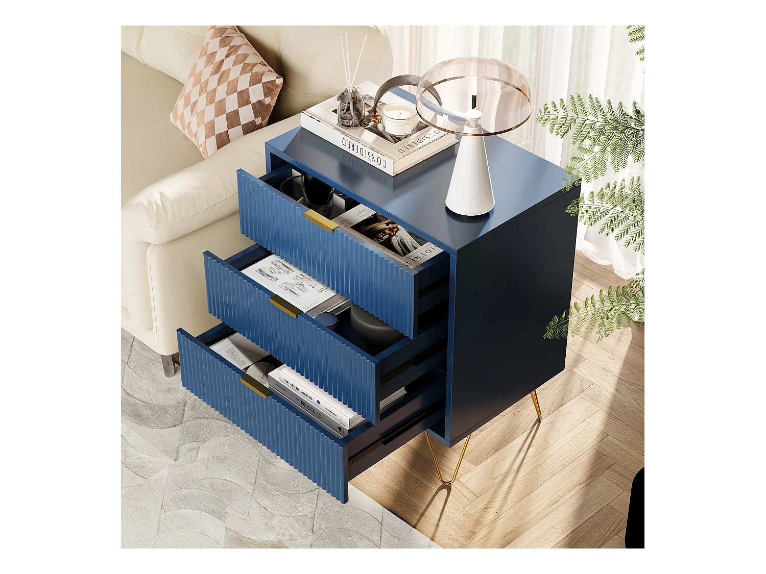 Commode à 3 tiroirs, Table de Chevet, Table d'appoint Moderne, Table de Nuit, 60 x 40 x 70 cm, Bleue