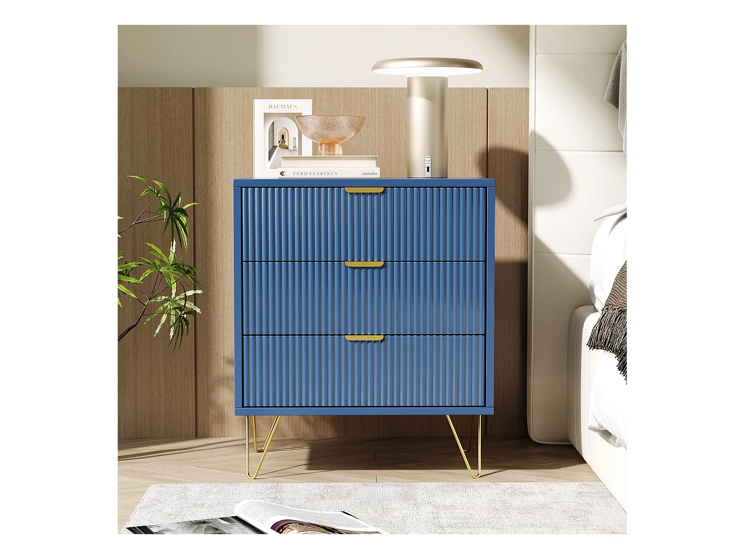 Commode à 3 tiroirs, Table de Chevet, Table d'appoint Moderne, Table de Nuit, 60 x 40 x 70 cm, Bleue