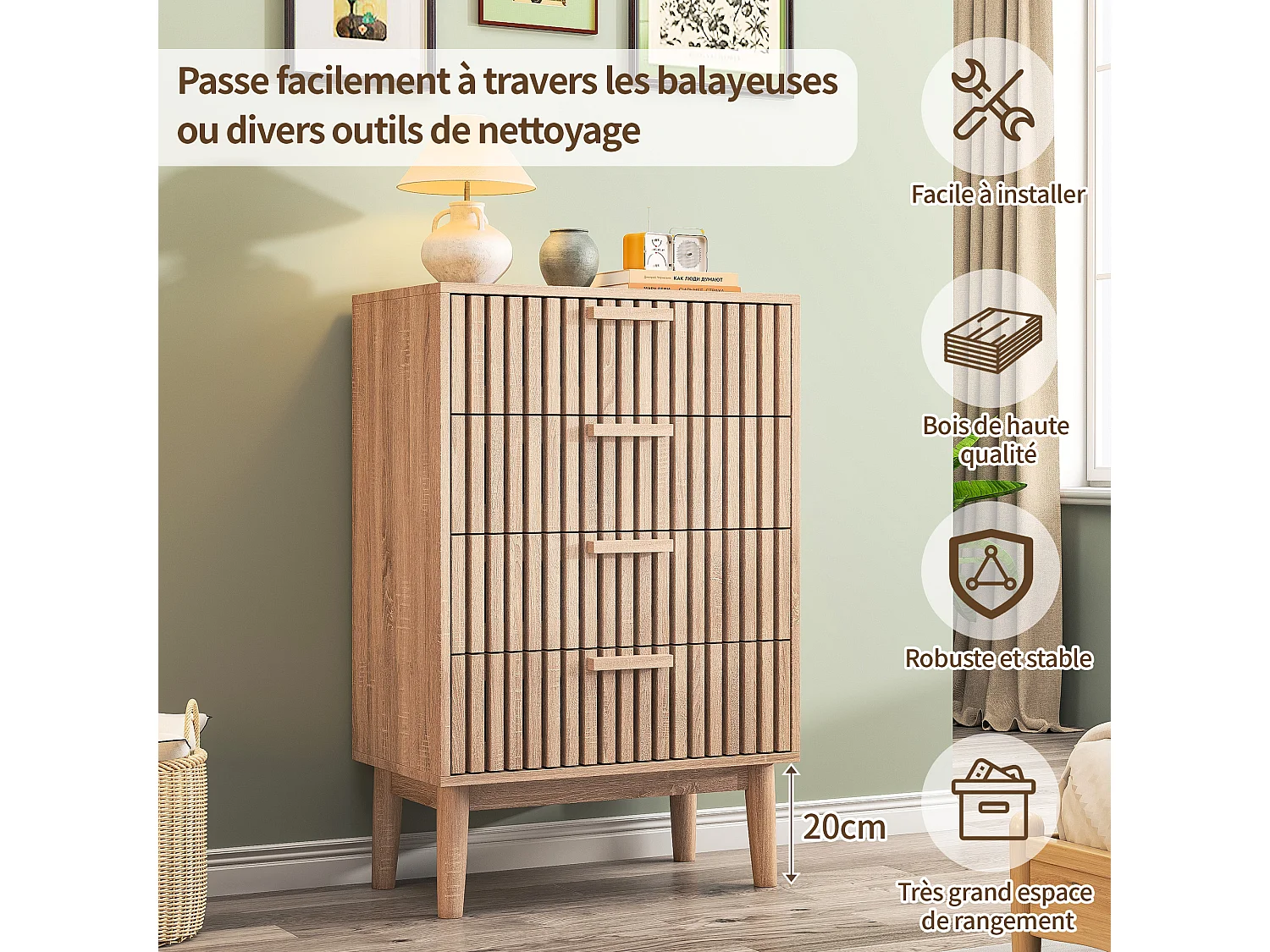 Commode cannelée à 4 tiroirs, Commode Moderne avec Rangement pour Couloir, 60 x 34 x 91 cm, bois