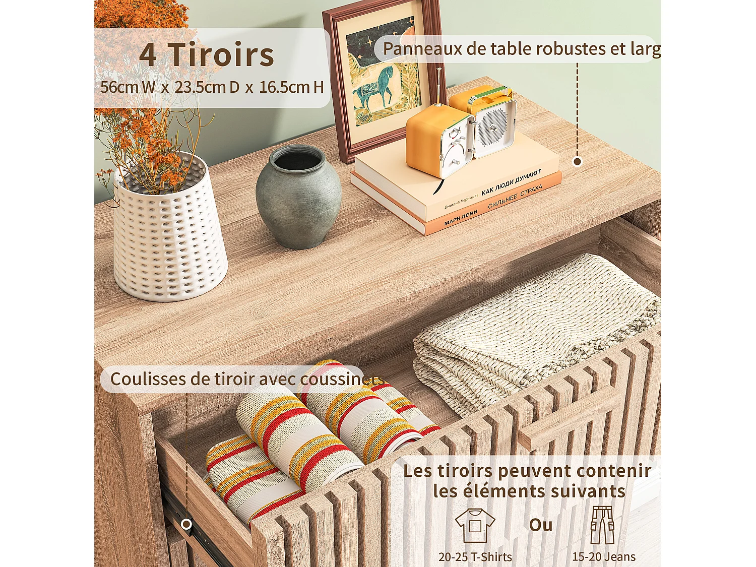 Commode cannelée à 4 tiroirs, Commode Moderne avec Rangement pour Couloir, 60 x 34 x 91 cm, bois