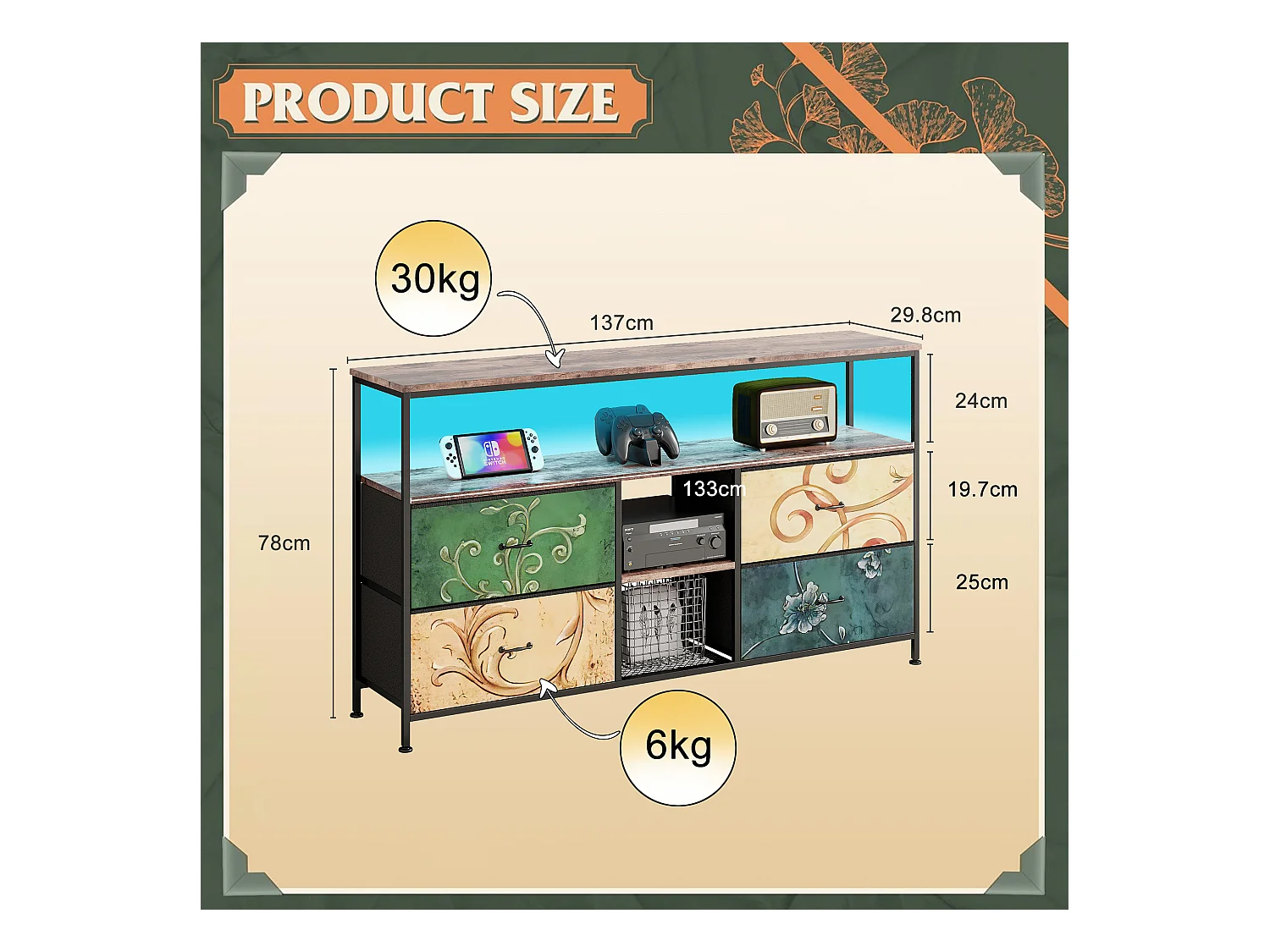 Móvel de TV LED baixo 137 x 30 x 77 cm, estrutura de metal sólido e madeira, móvel de TV, mesa de TV, multicolorido