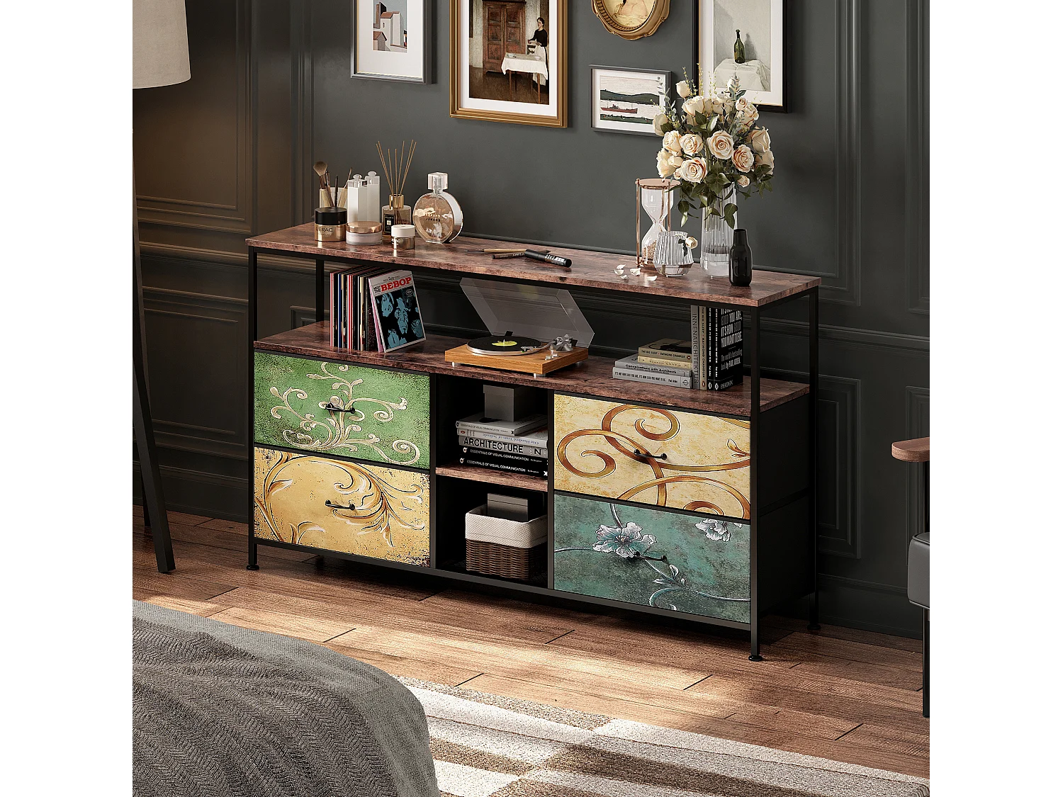 Meuble TV bas LED 137 x 30 x 77 cm, cadre en métal massif et bois, meuble TV, table TV, Multicolore