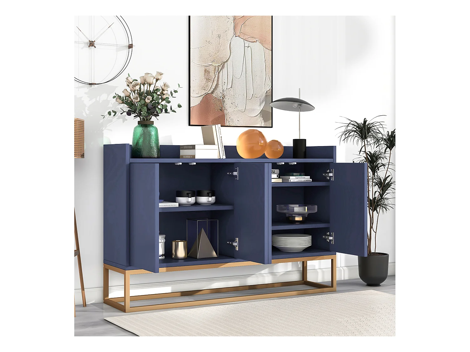 Aparador moderno 120x30 cm, cómoda con puertas, mueble de almacenaje, aparador sin tiradores, color azul