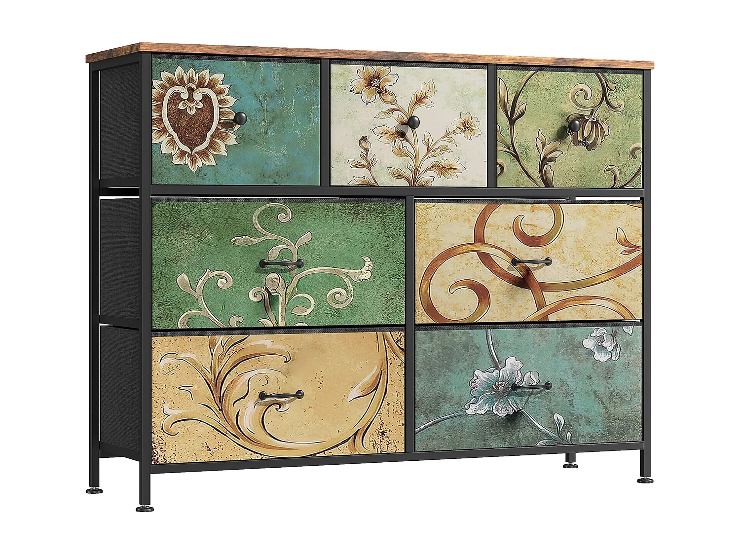 Commode à 7 tiroirs pour chambre à coucher armoire de rangement avec cadre en métal, Multicolore