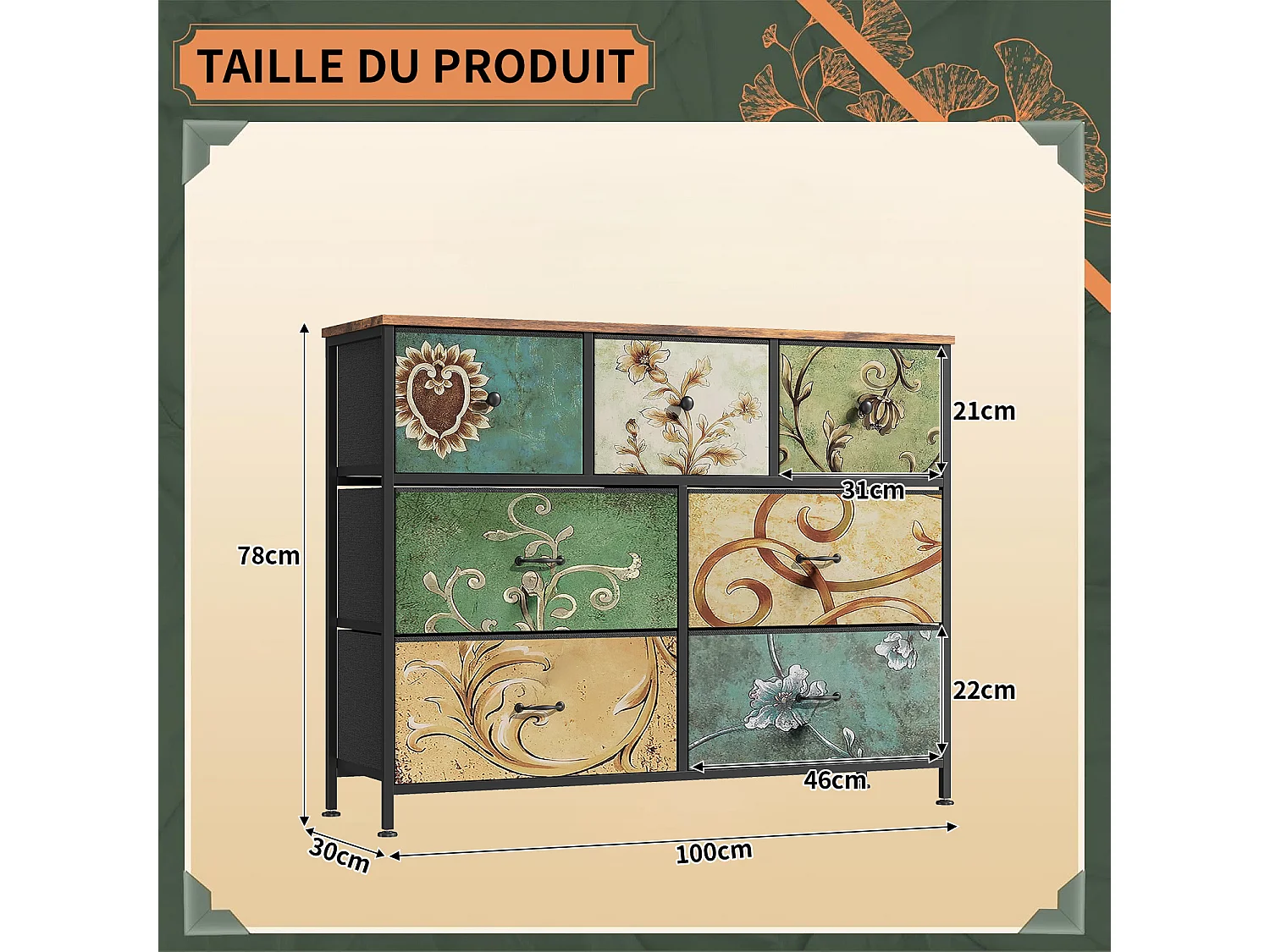Commode à 7 tiroirs pour chambre à coucher armoire de rangement avec cadre en métal, Multicolore