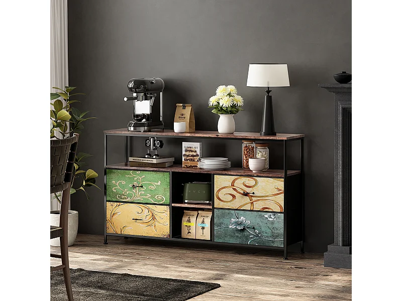 Mueble de TV bajo LE 108 x 30 x 77 cm, estructura de metal macizo y madera, mueble de TV, mesa de TV, multicolor