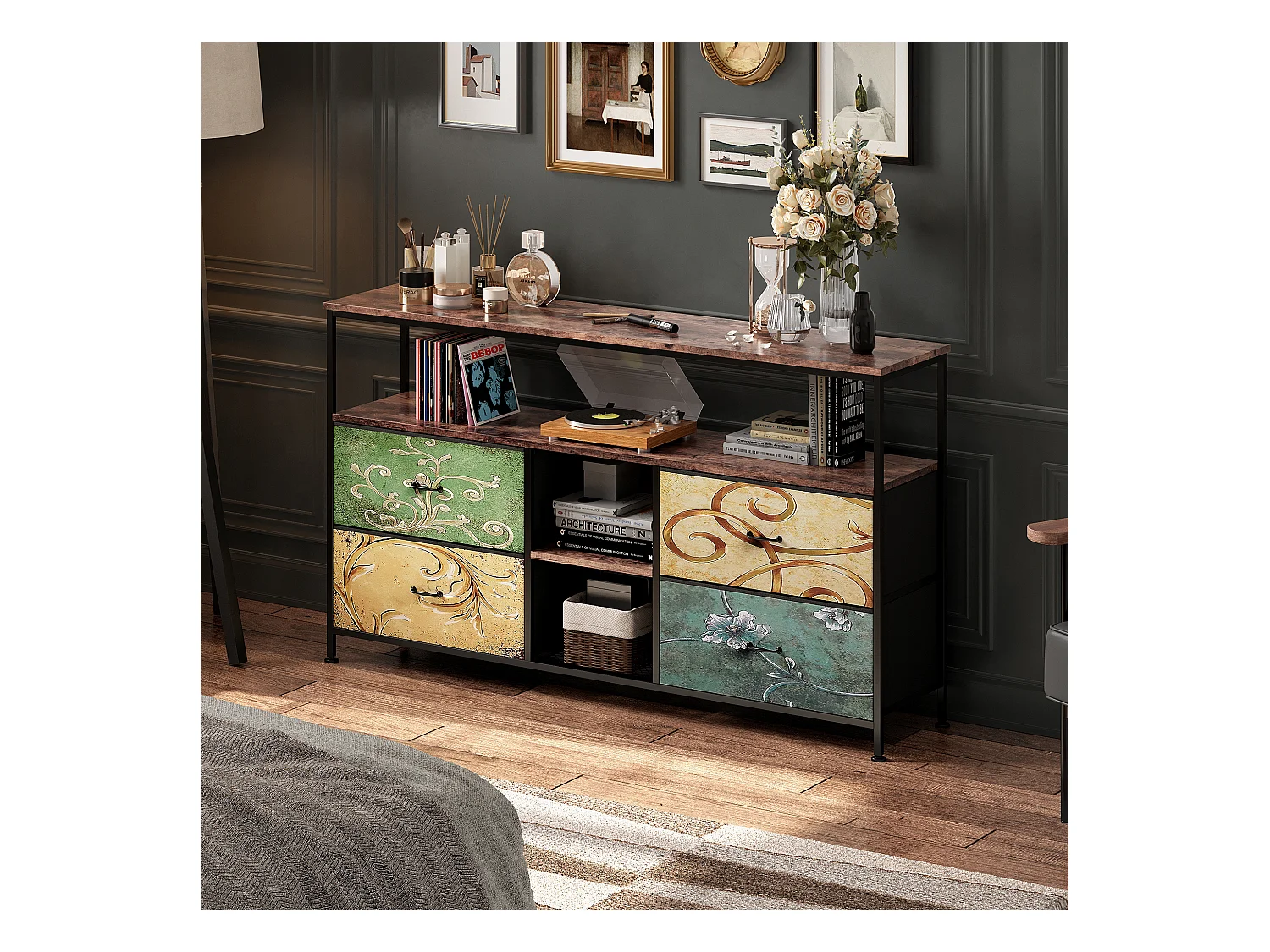 Mueble de TV bajo LE 108 x 30 x 77 cm, estructura de metal macizo y madera, mueble de TV, mesa de TV, multicolor