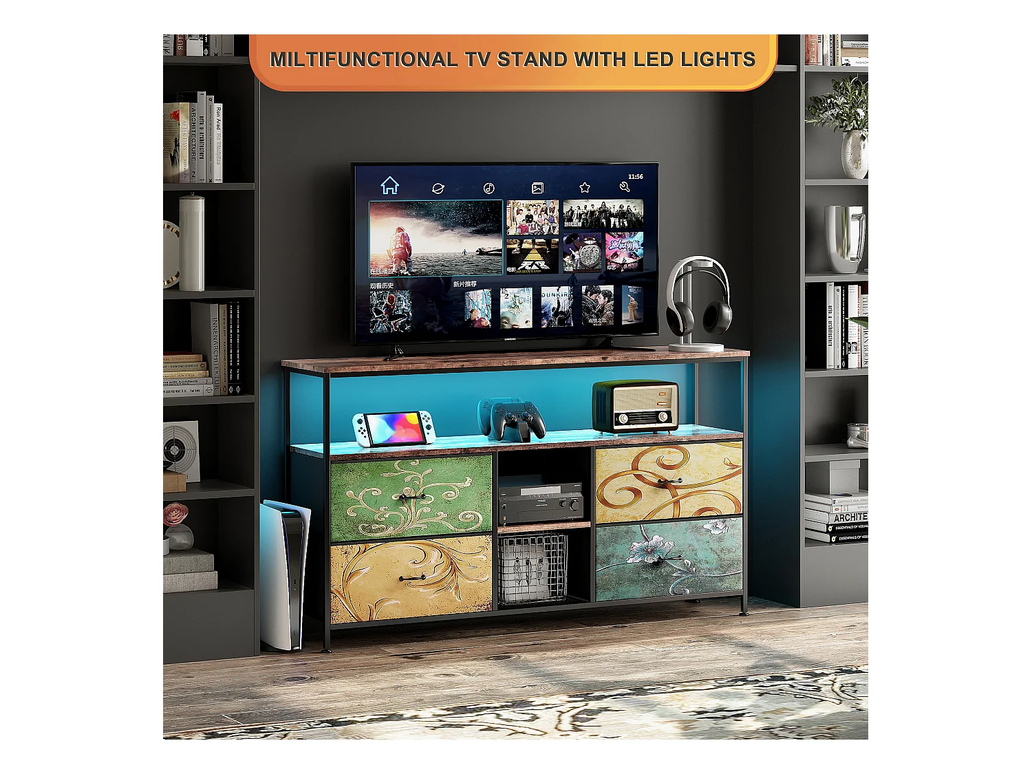 Mueble de TV bajo LE 108 x 30 x 77 cm, estructura de metal macizo y madera, mueble de TV, mesa de TV, multicolor