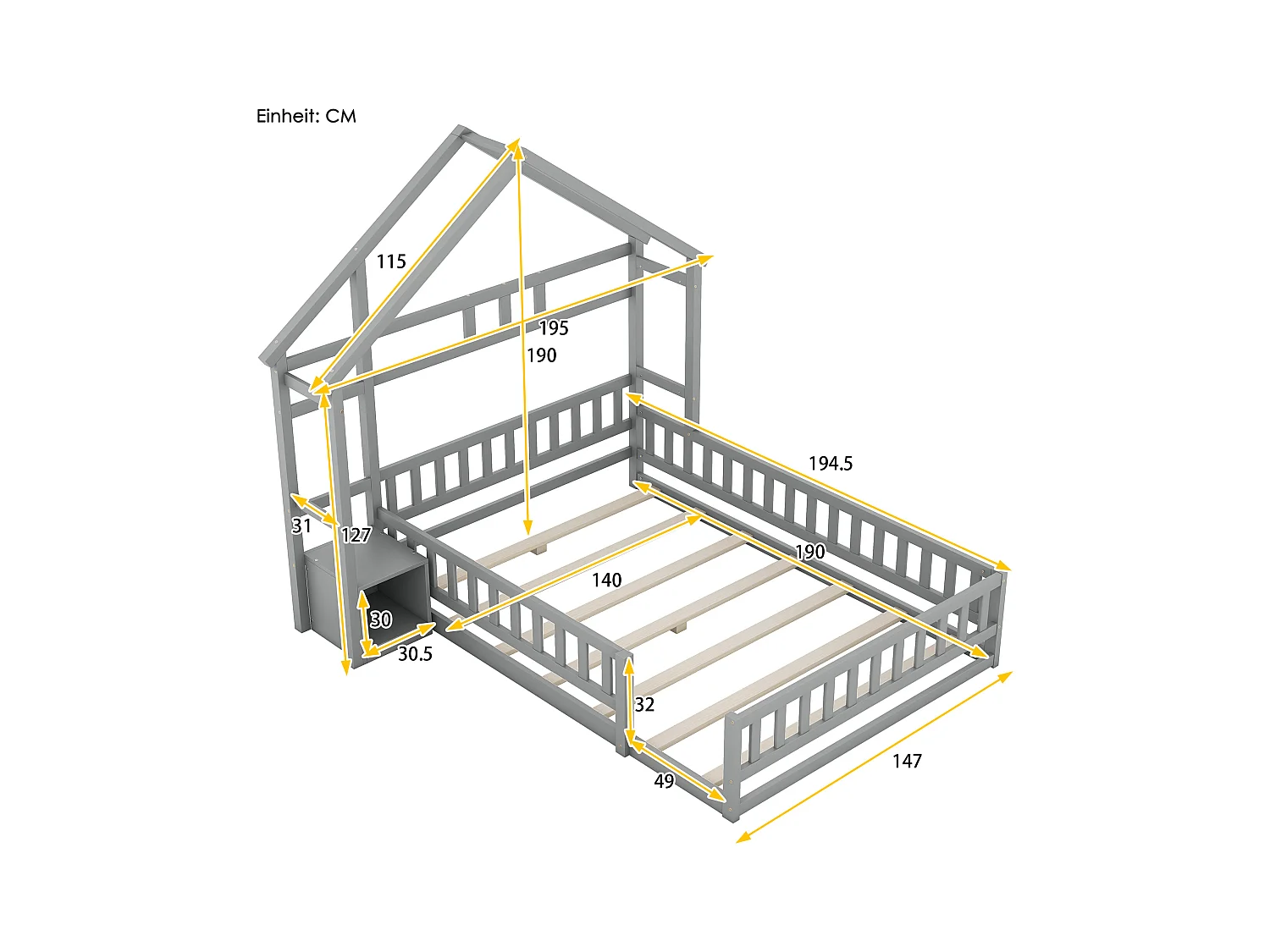 Kinderbed 140x190cm in dennenhout met opbergvak, inclusief lattenbodem, grijs, zonder matras