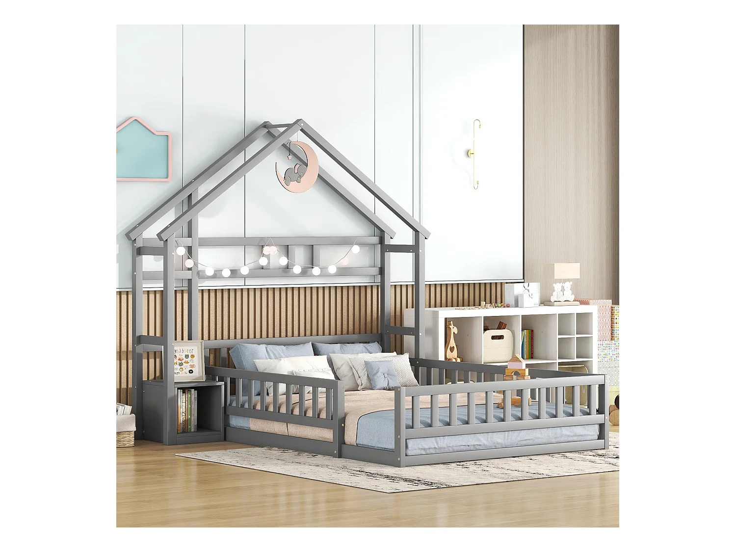 Lit cabane enfant 140x190cm en pin avec compartiment de rangement, sommier inclus, gris, sans matelas