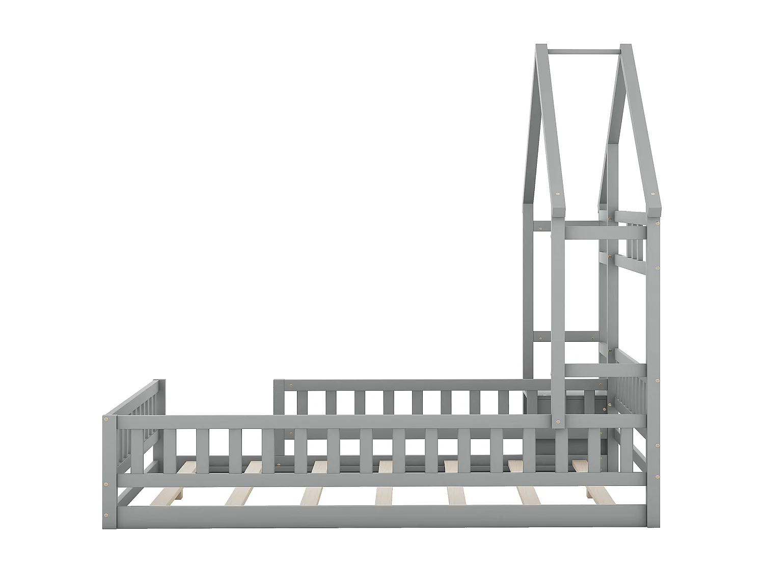 Lit cabane enfant 140x190cm en pin avec compartiment de rangement, sommier inclus, gris, sans matelas