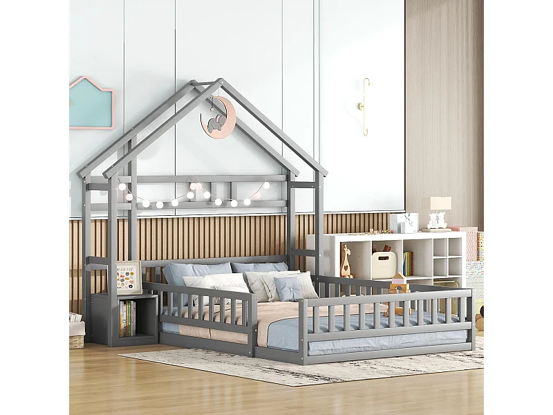 Letto a soppalco per bambini 140x190cm in pino con vano contenitore, rete a doghe inclusa, grigio, senza materasso