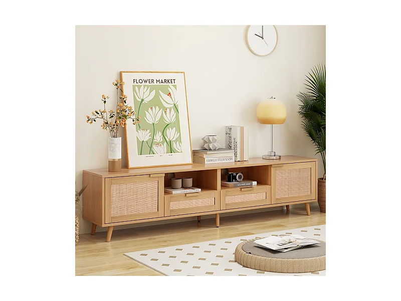 Móvel de TV de vime vintage com bastante espaço de armazenamento, suporte de TV, móvel de TV para sala de estar, madeira