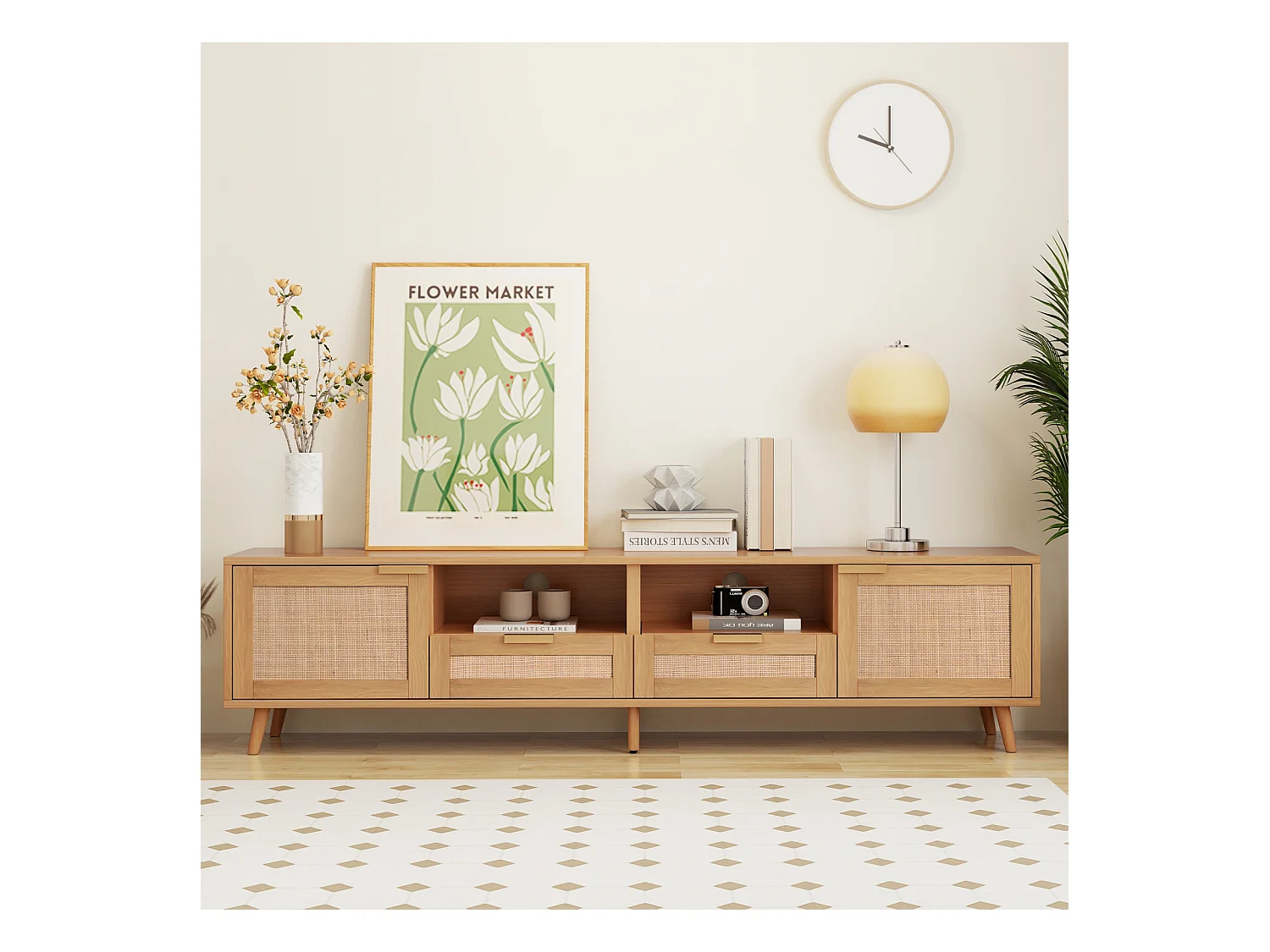 Móvel de TV de vime vintage com bastante espaço de armazenamento, suporte de TV, móvel de TV para sala de estar, madeira