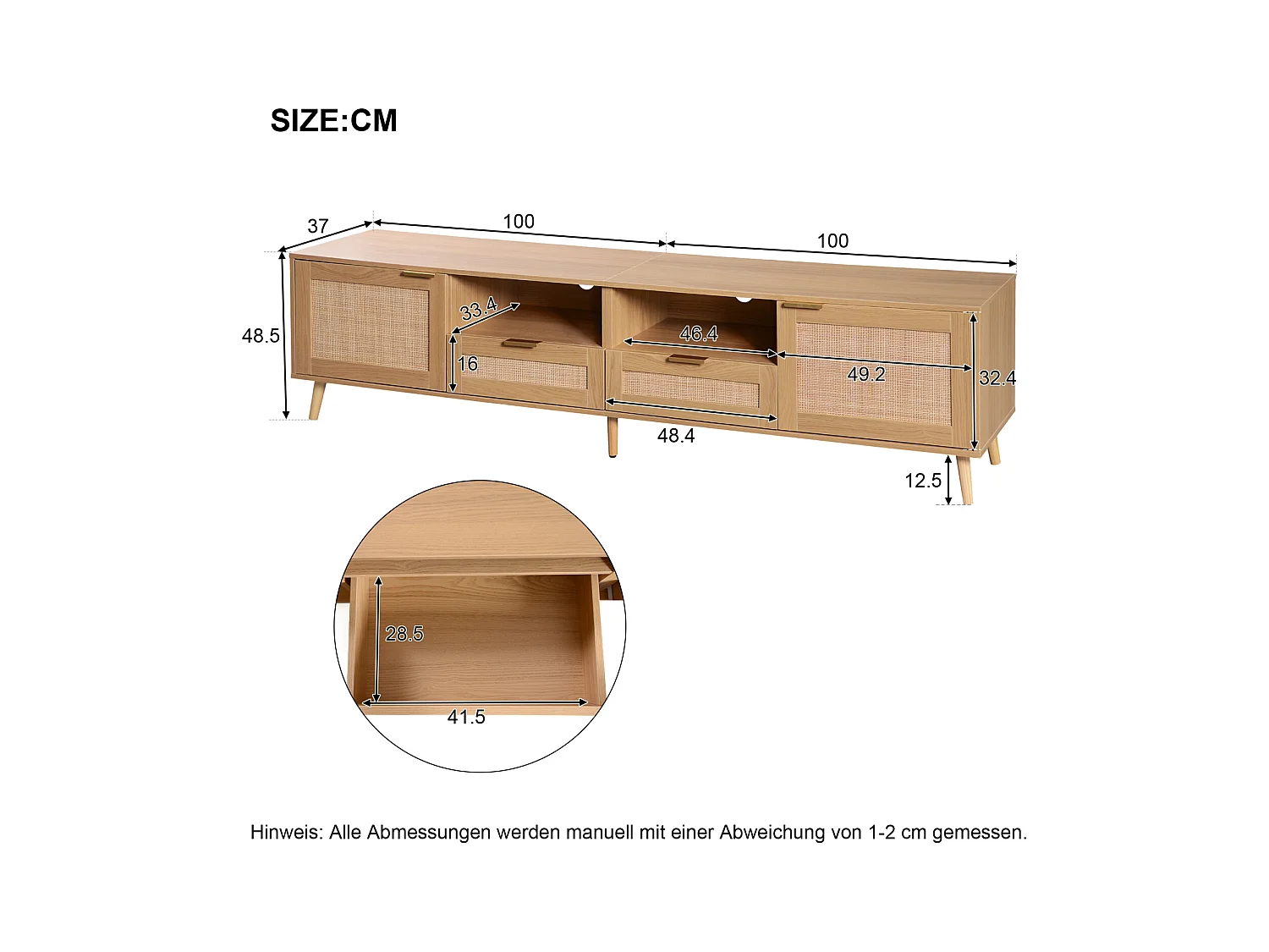 Móvel de TV de vime vintage com bastante espaço de armazenamento, suporte de TV, móvel de TV para sala de estar, madeira