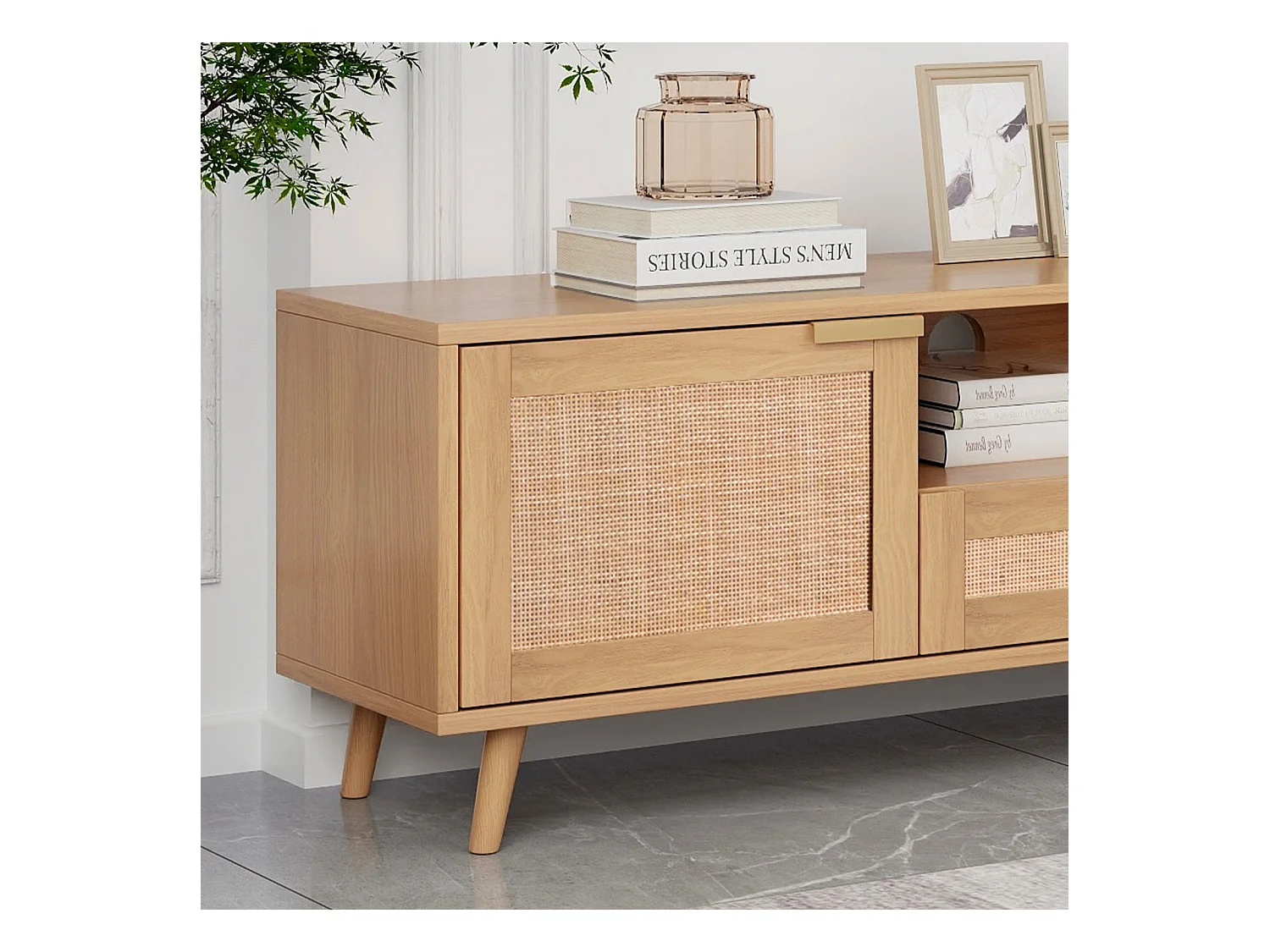 Móvel de TV de vime vintage com bastante espaço de armazenamento, suporte de TV, móvel de TV para sala de estar, madeira