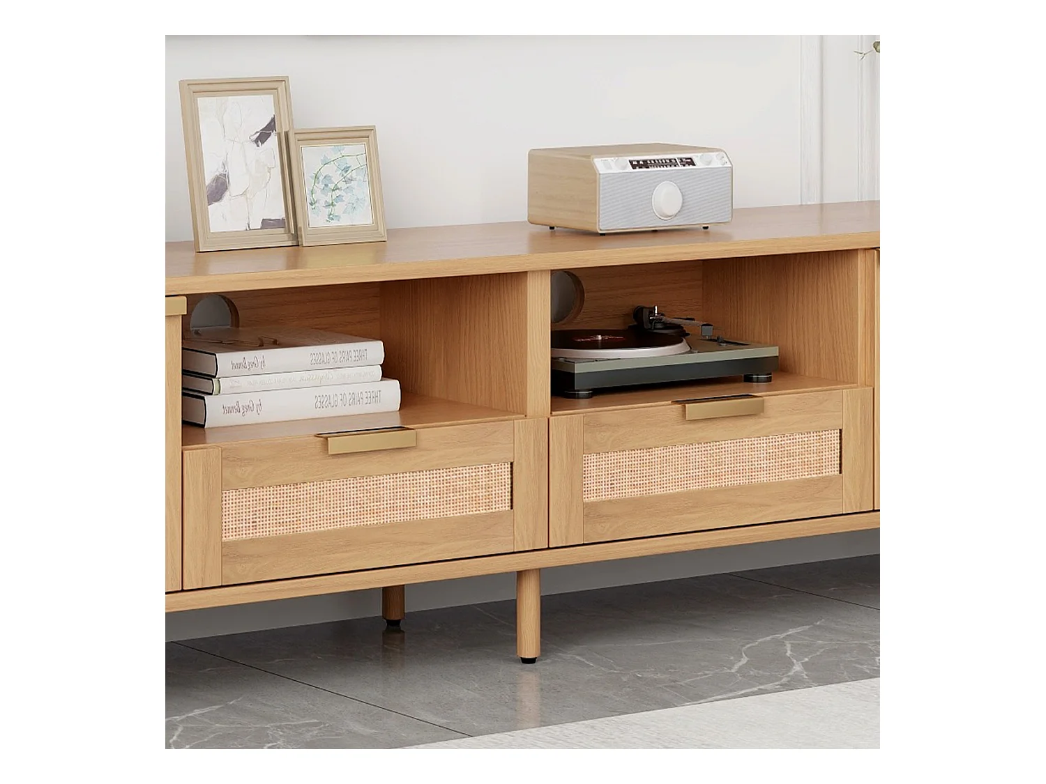 Móvel de TV de vime vintage com bastante espaço de armazenamento, suporte de TV, móvel de TV para sala de estar, madeira