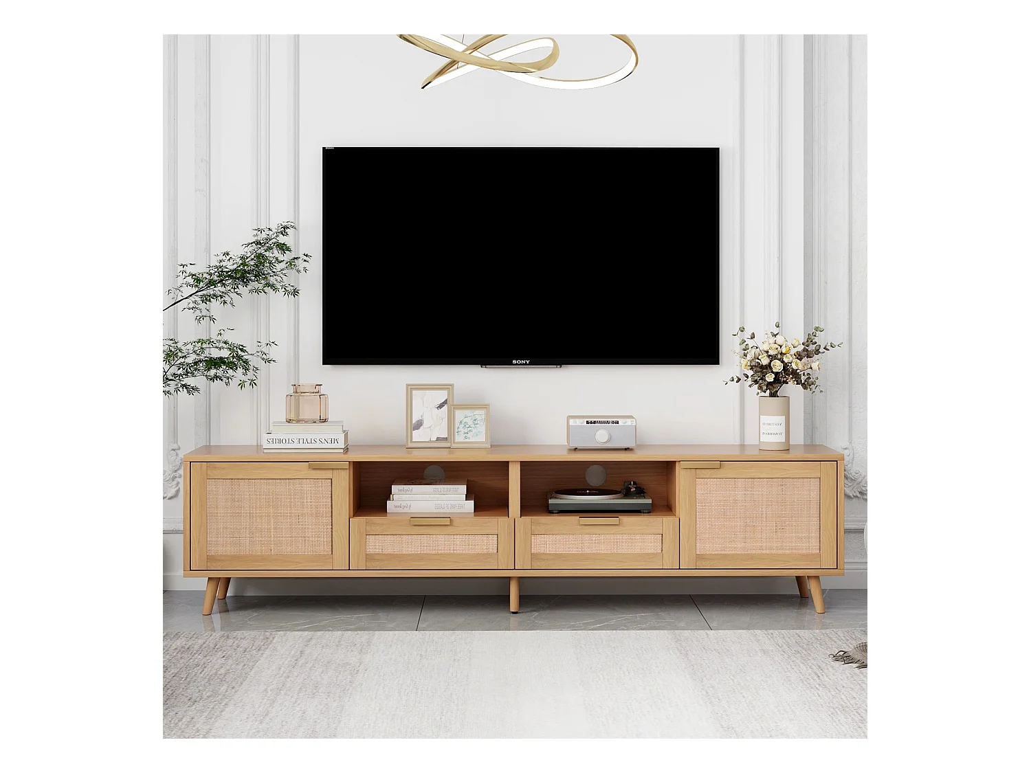 Móvel de TV de vime vintage com bastante espaço de armazenamento, suporte de TV, móvel de TV para sala de estar, madeira