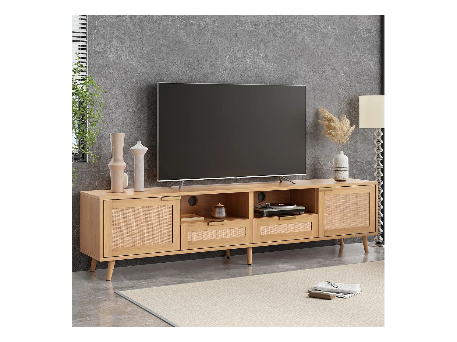 Móvel de TV de vime vintage com bastante espaço de armazenamento, suporte de TV, móvel de TV para sala de estar, madeira