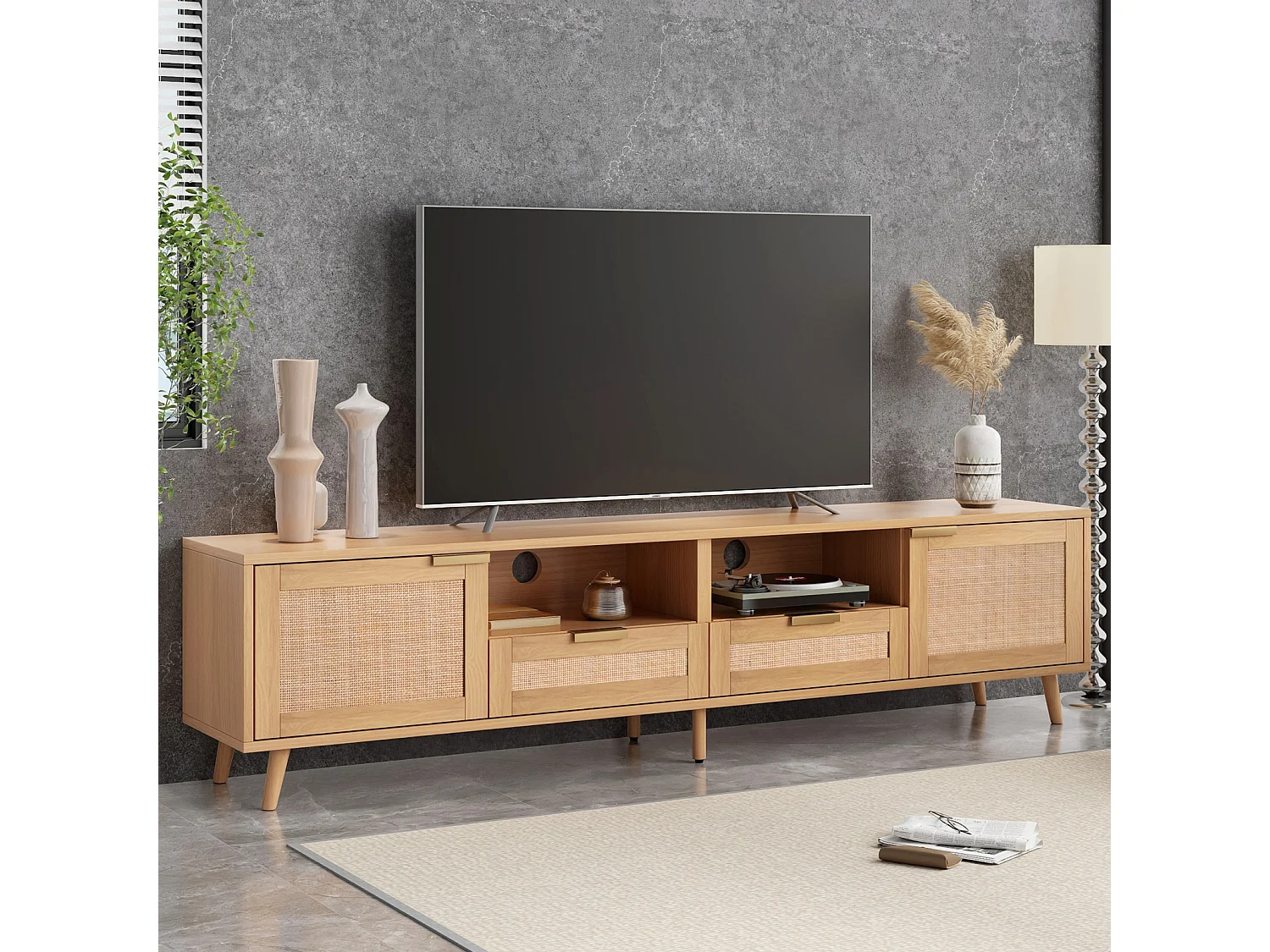 Meuble TV vintage en rotin avec beaucoup d'espace de rangement, meuble TV, meuble TV de salon, bois