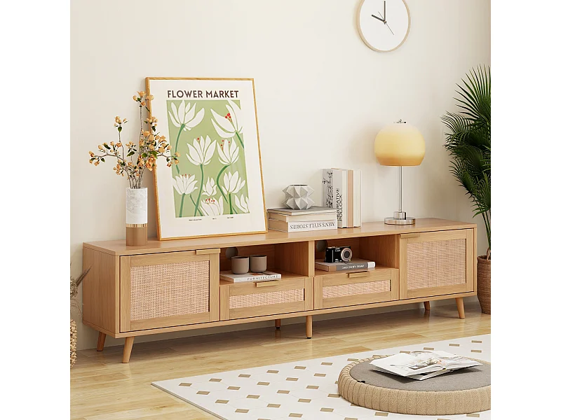 Meuble TV vintage en rotin avec beaucoup d'espace de rangement, meuble TV, meuble TV de salon, bois