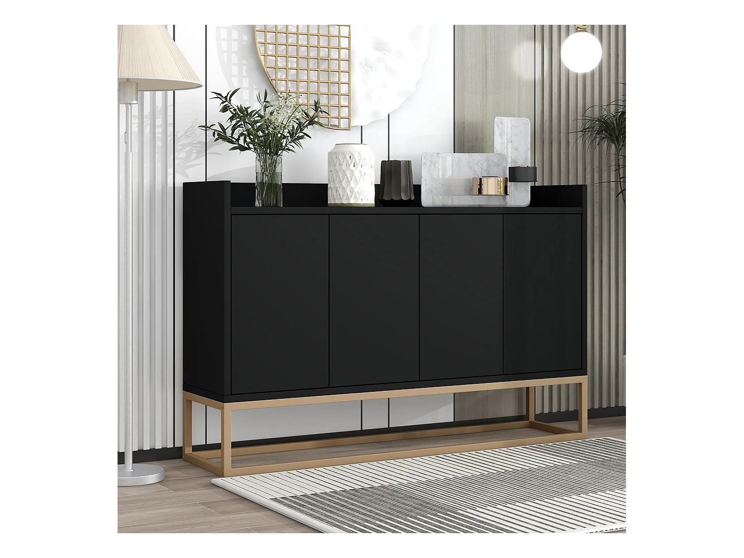 Aparador moderno 120x30 cm, cómoda con puertas, mueble de almacenaje, aparador sin tiradores, color negro