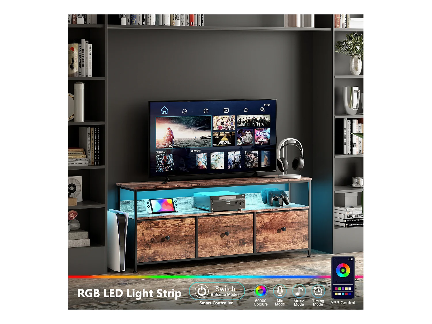 Mueble de TV 137x30x57 cm, con iluminación LED y cajones, con espacio de almacenaje, madera