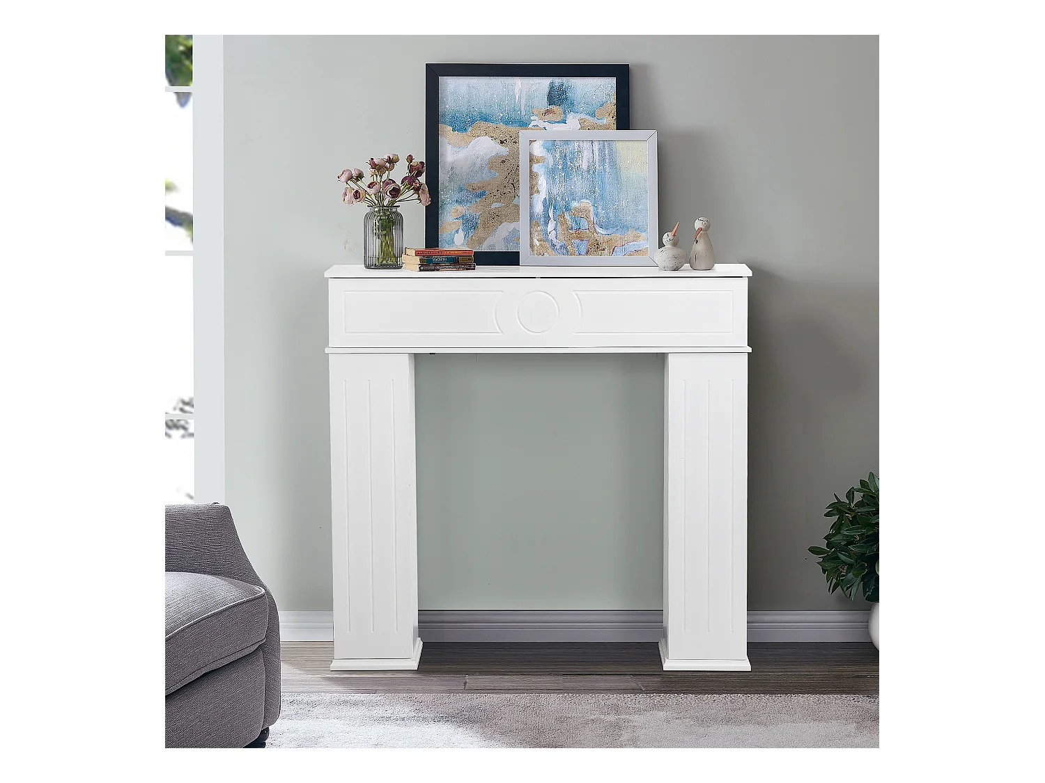 Console de lareira 107 x 18 x 100 cm, Armário de armazenamento decorativo com espaço de armazenamento