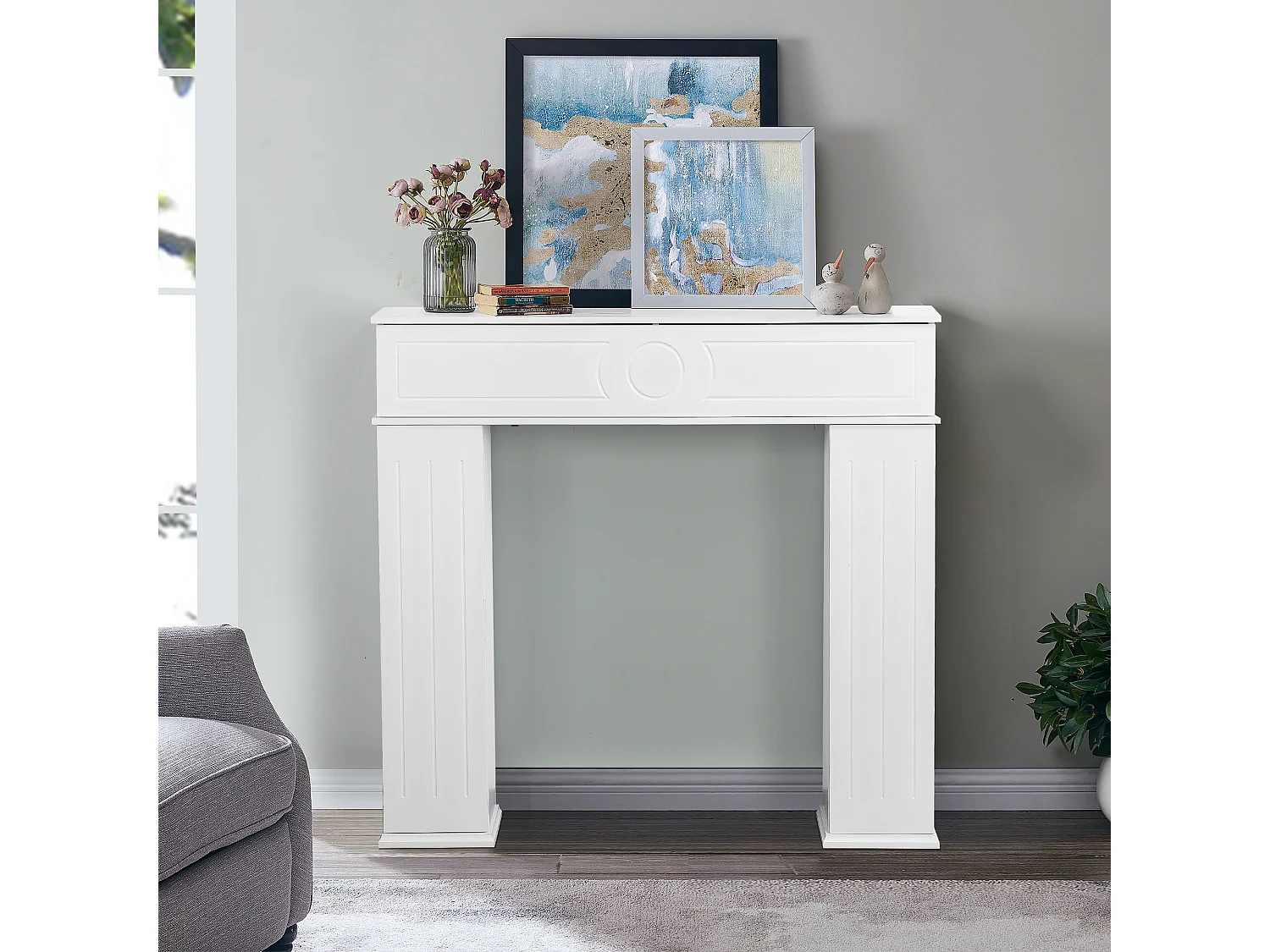 Console de lareira 107 x 18 x 100 cm, Armário de armazenamento decorativo com espaço de armazenamento